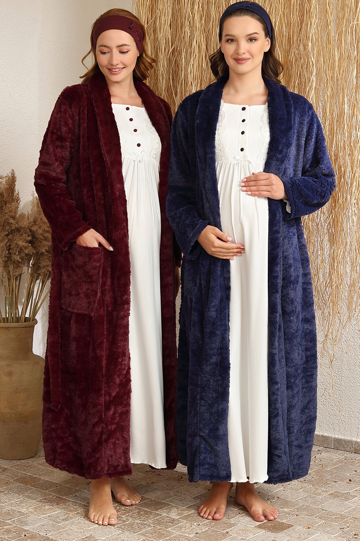 Shopymommy 4409 Guipure Maternity & Nursing Nightgown With Welsoft Robe Claret Red