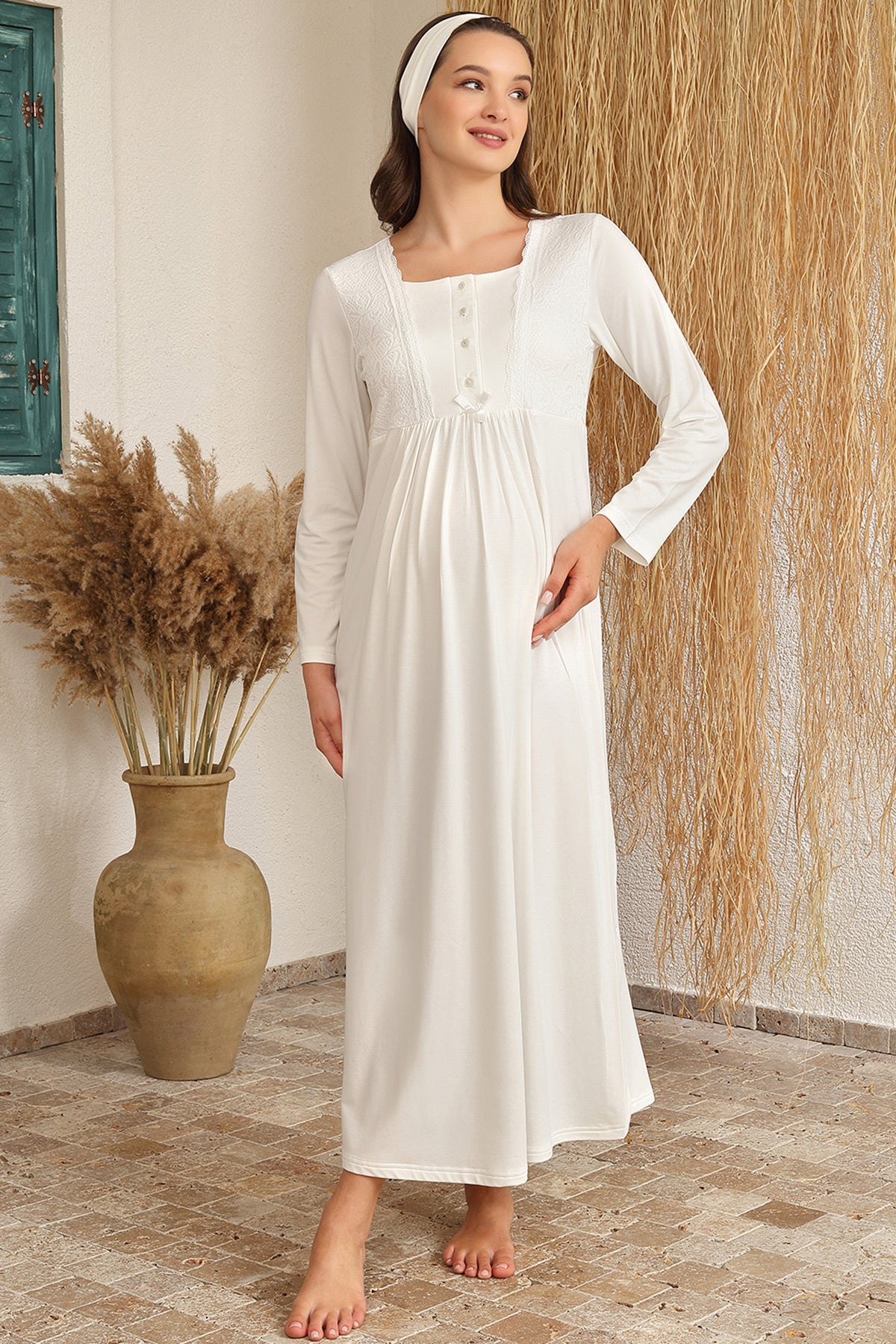 Shopymommy 4413 Lace Maternity & Nursing Nightgown With Jacquard Robe Ecru