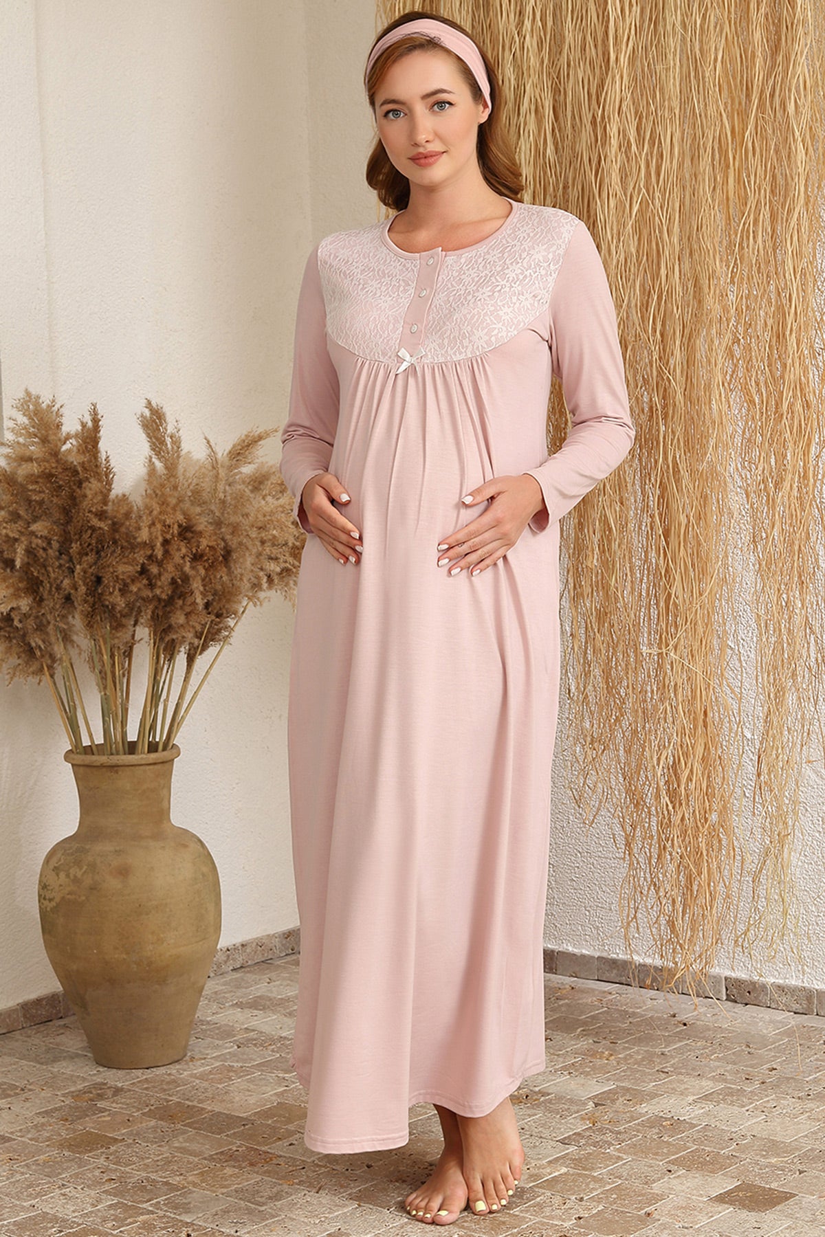 Shopymommy 4416 Lace Collar Maternity & Nursing Nightgown With Robe Powder