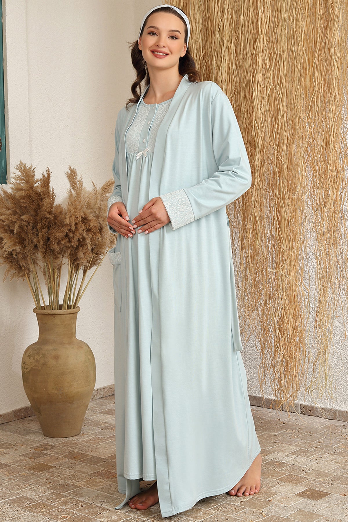 Shopymommy 4416 Lace Collar Maternity & Nursing Nightgown With Robe Mint