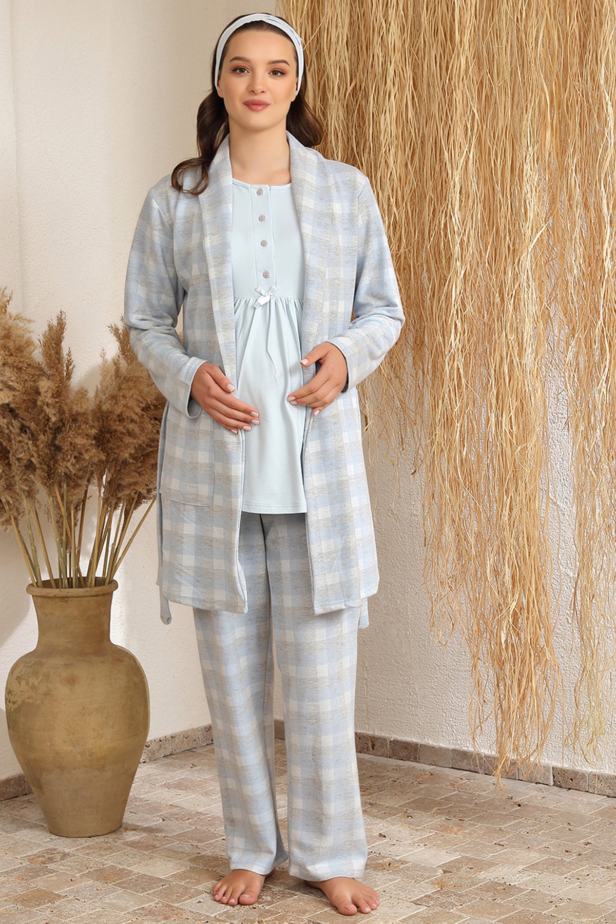 Shopymommy 4424 3-Pieces Maternity & Nursing Pajamas With Plaid Robe Blue