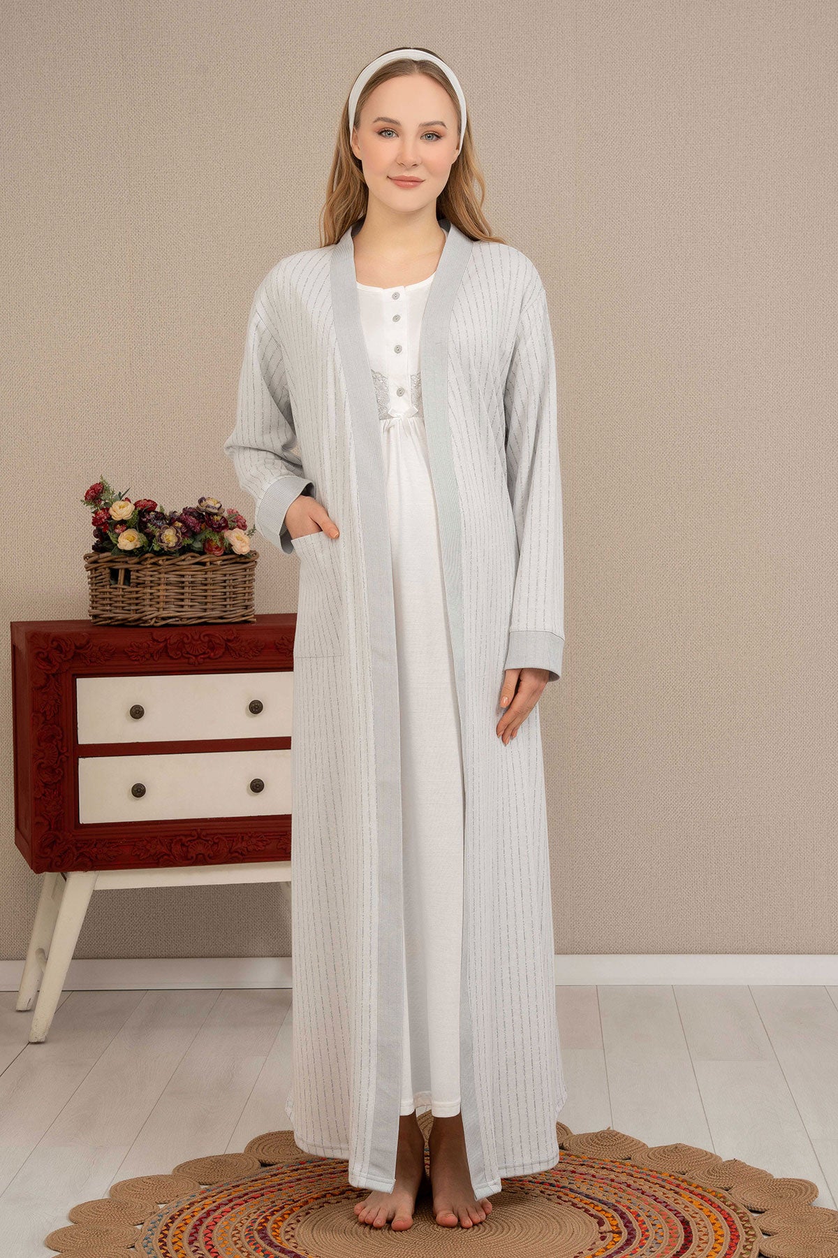 Shopymommy 4506 Guipure Maternity & Nursing Nightgown With Robe Grey