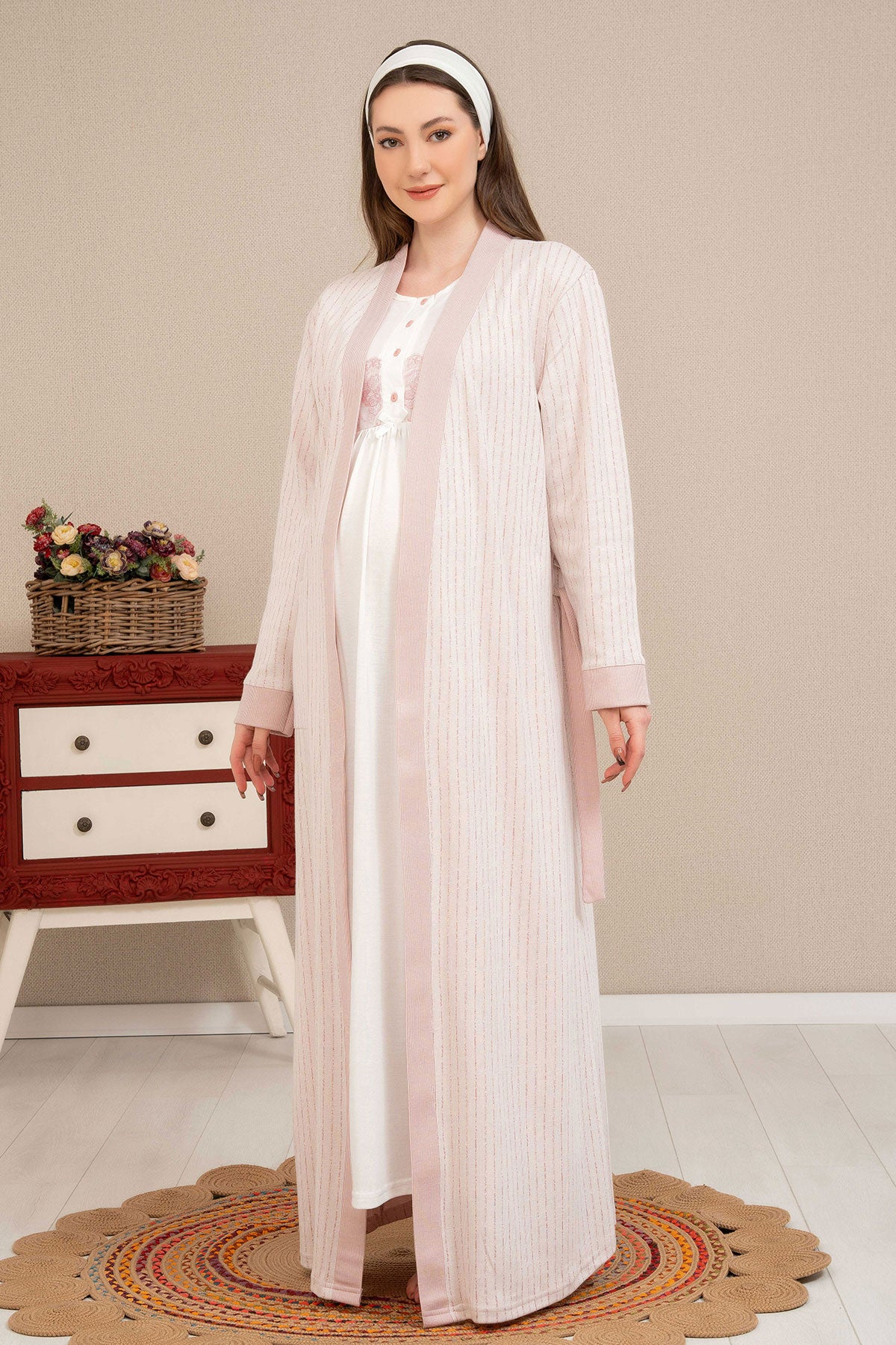 Shopymommy 4506 Guipure Maternity & Nursing Nightgown With Robe Dried Rose