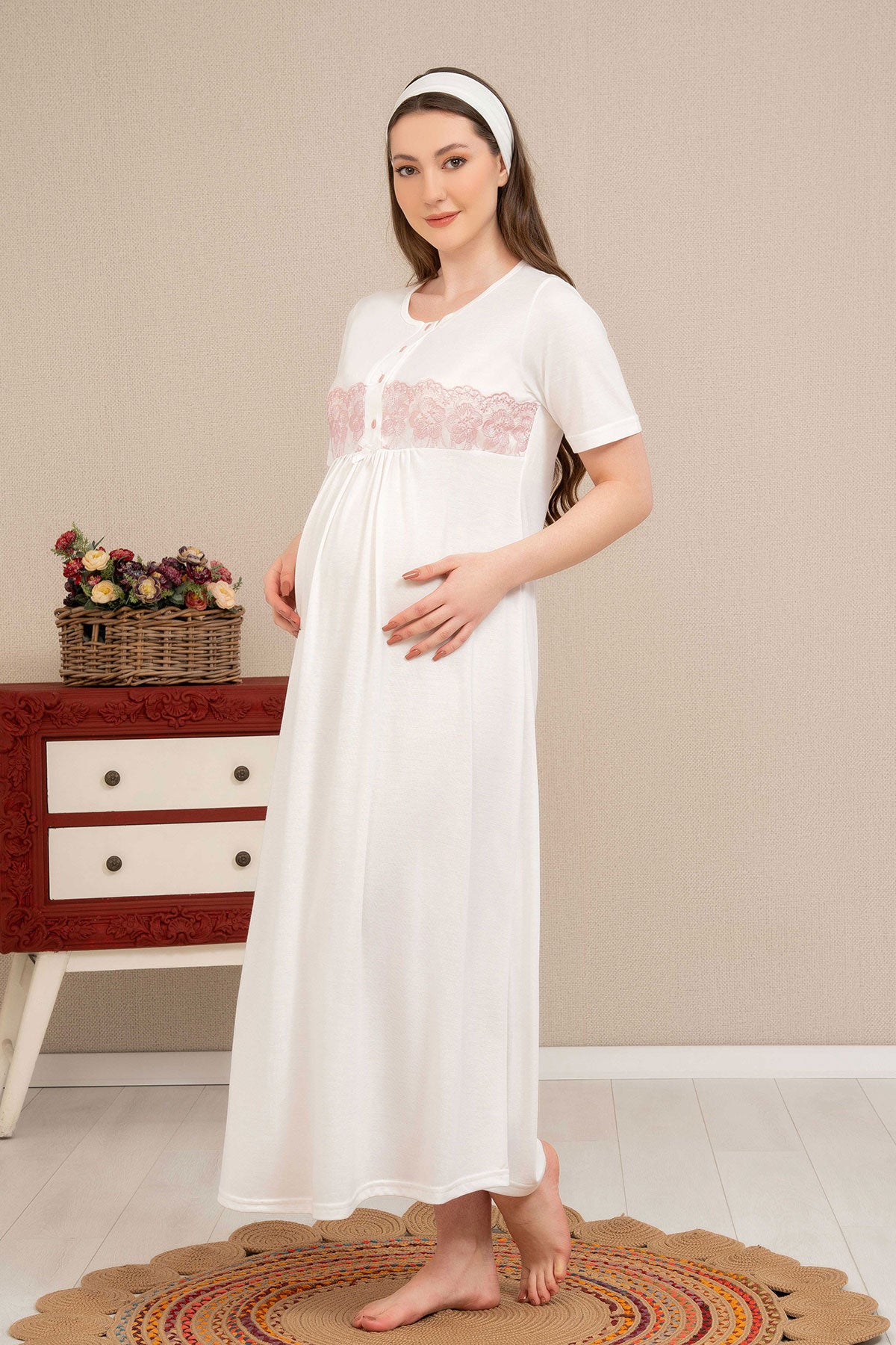 Shopymommy 4506 Guipure Maternity & Nursing Nightgown With Robe Dried Rose