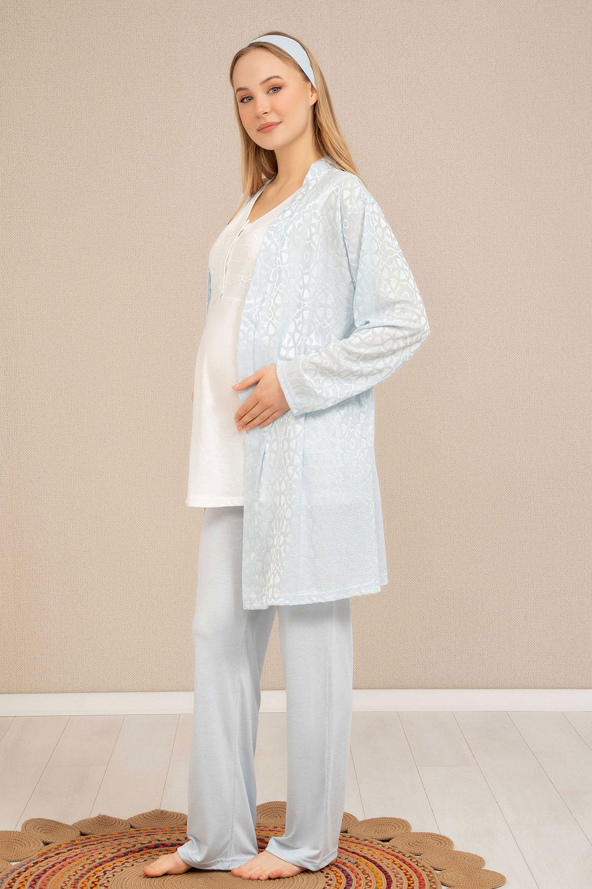 Shopymommy 4509 Lace 3-Pieces Maternity & Nursing Pajamas With Patterned Robe Blue