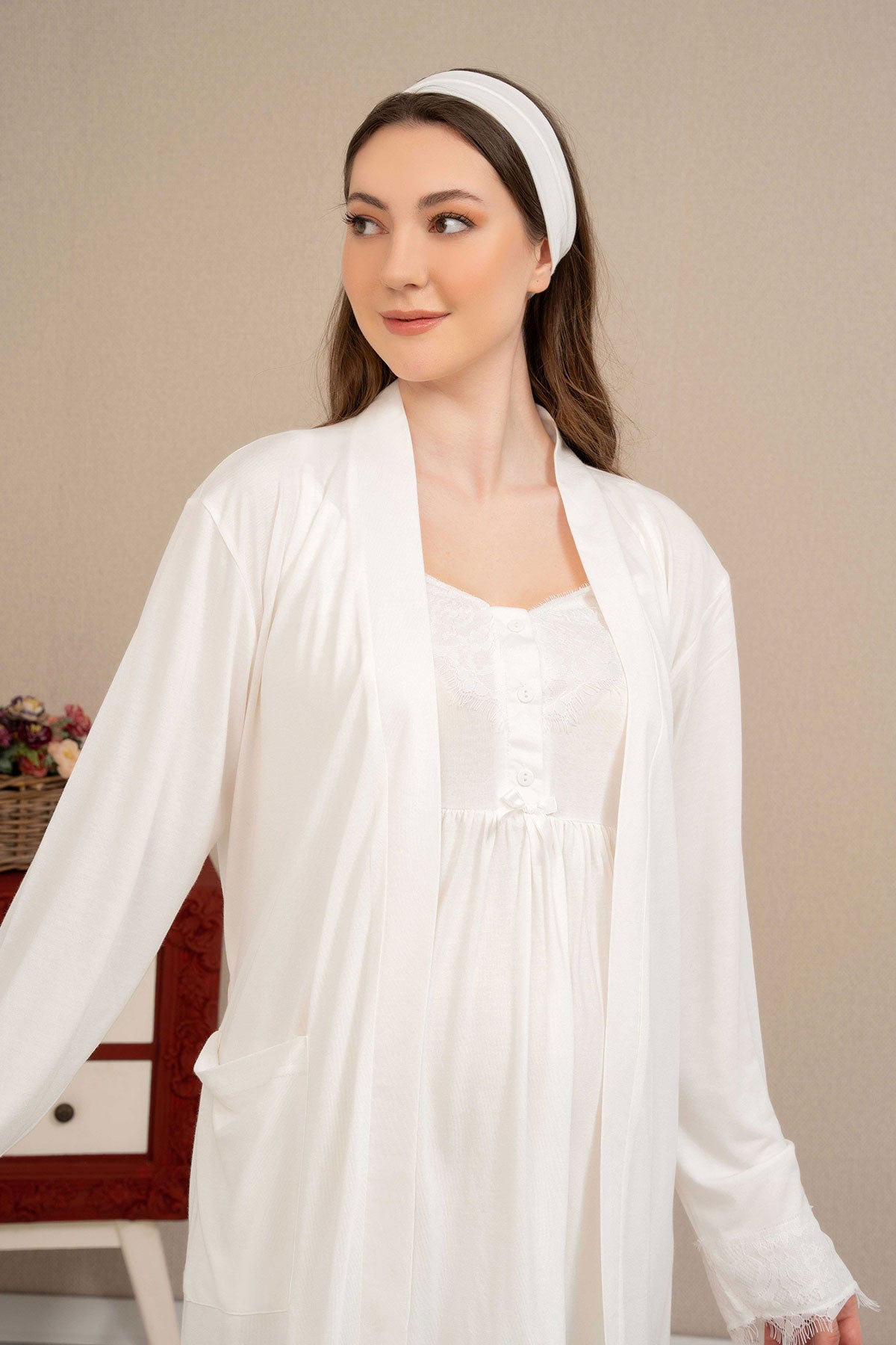 Shopymommy 4513 Double Breast Feeding 3-Pieces Maternity & Nursing Pajamas With Lace Sleeve Robe Ecru