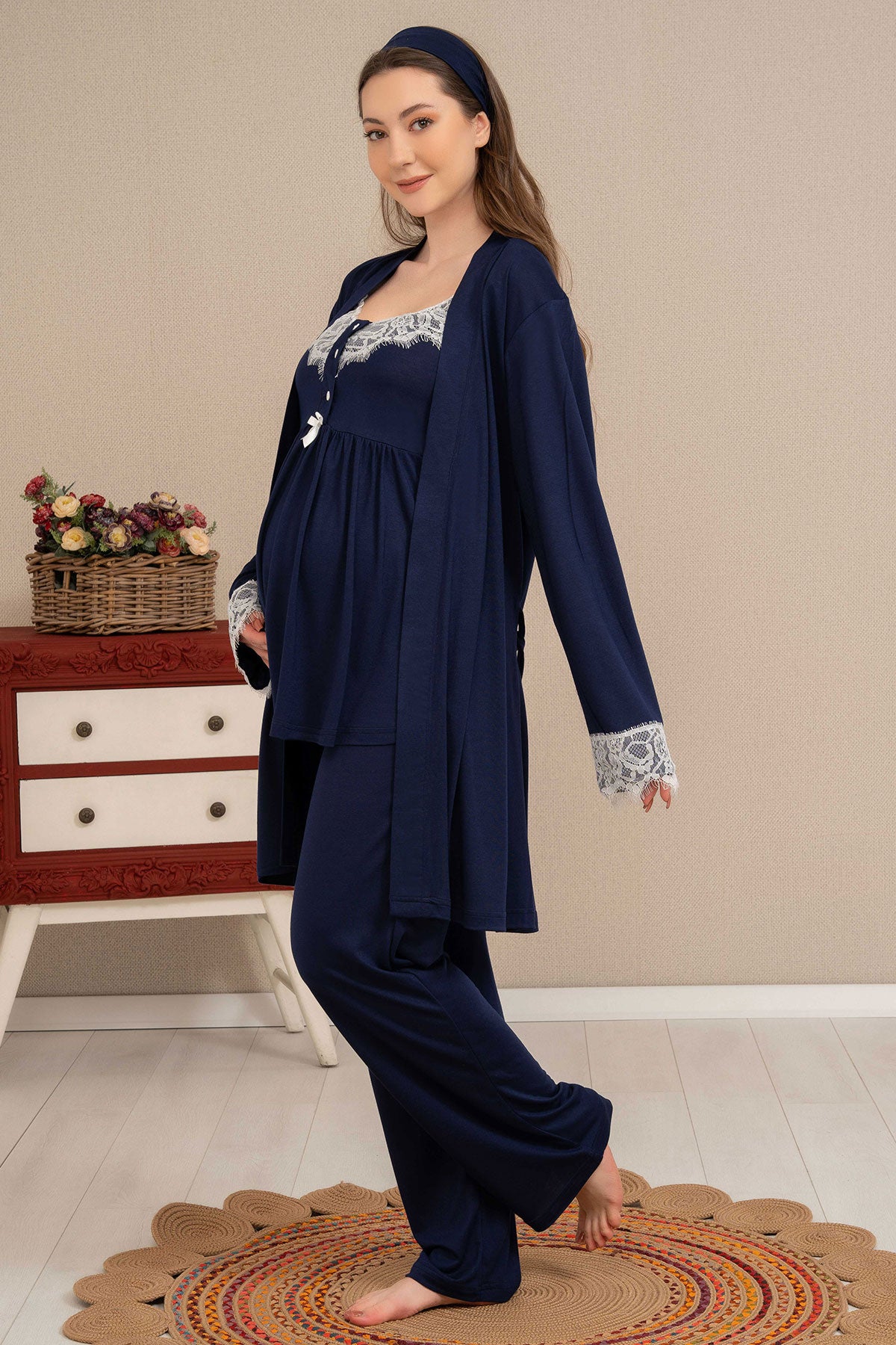 Shopymommy 4513 Double Breast Feeding 3-Pieces Maternity & Nursing Pajamas With Lace Sleeve Robe Navy Blue