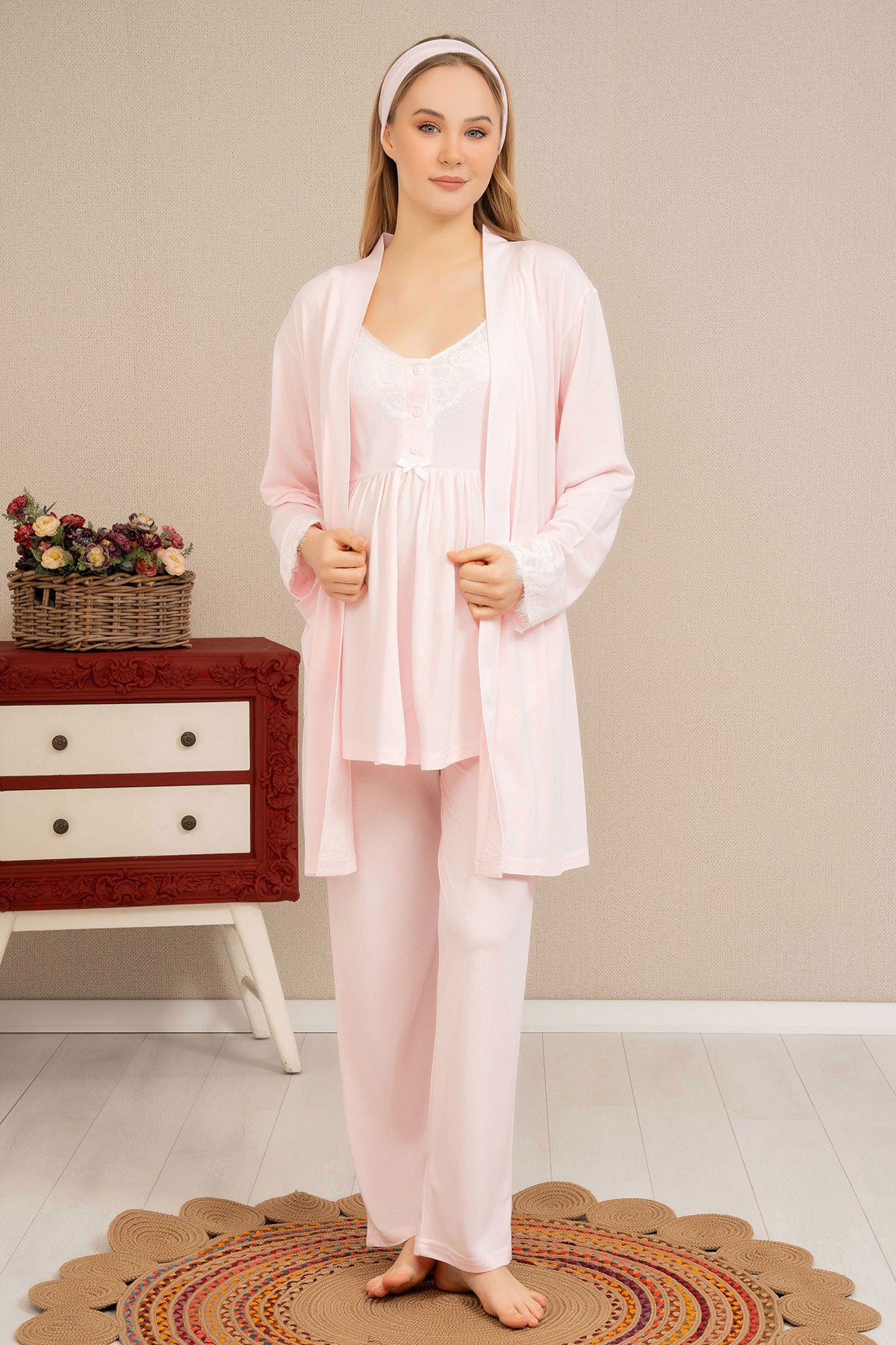 Shopymommy 4513 Double Breast Feeding 3-Pieces Maternity & Nursing Pajamas With Lace Sleeve Robe Powder