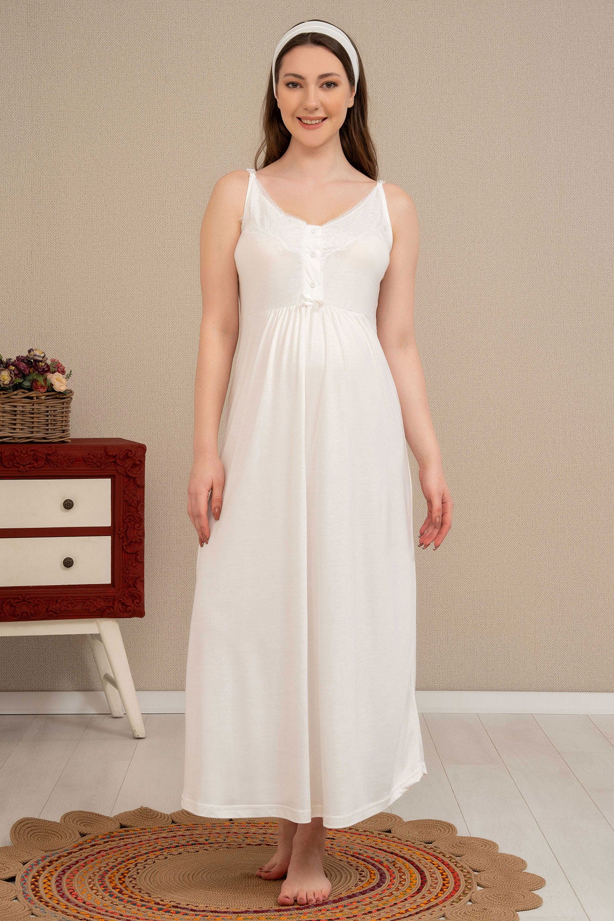 Shopymommy 4514 Double Breast Feeding Maternity & Nursing Nightgown With Lace Sleeve Robe Ecru