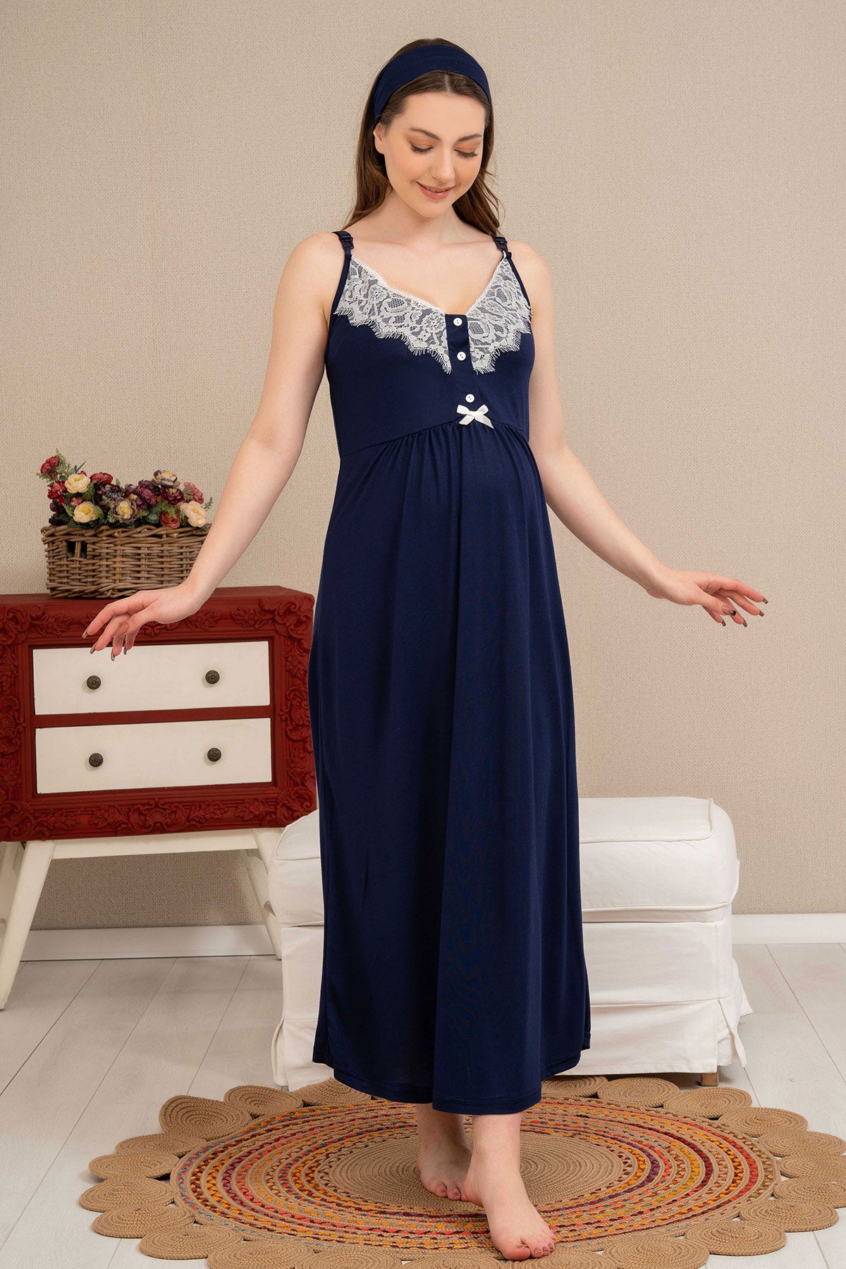 Shopymommy 4514 Double Breast Feeding Maternity & Nursing Nightgown With Lace Sleeve Robe Navy Blue