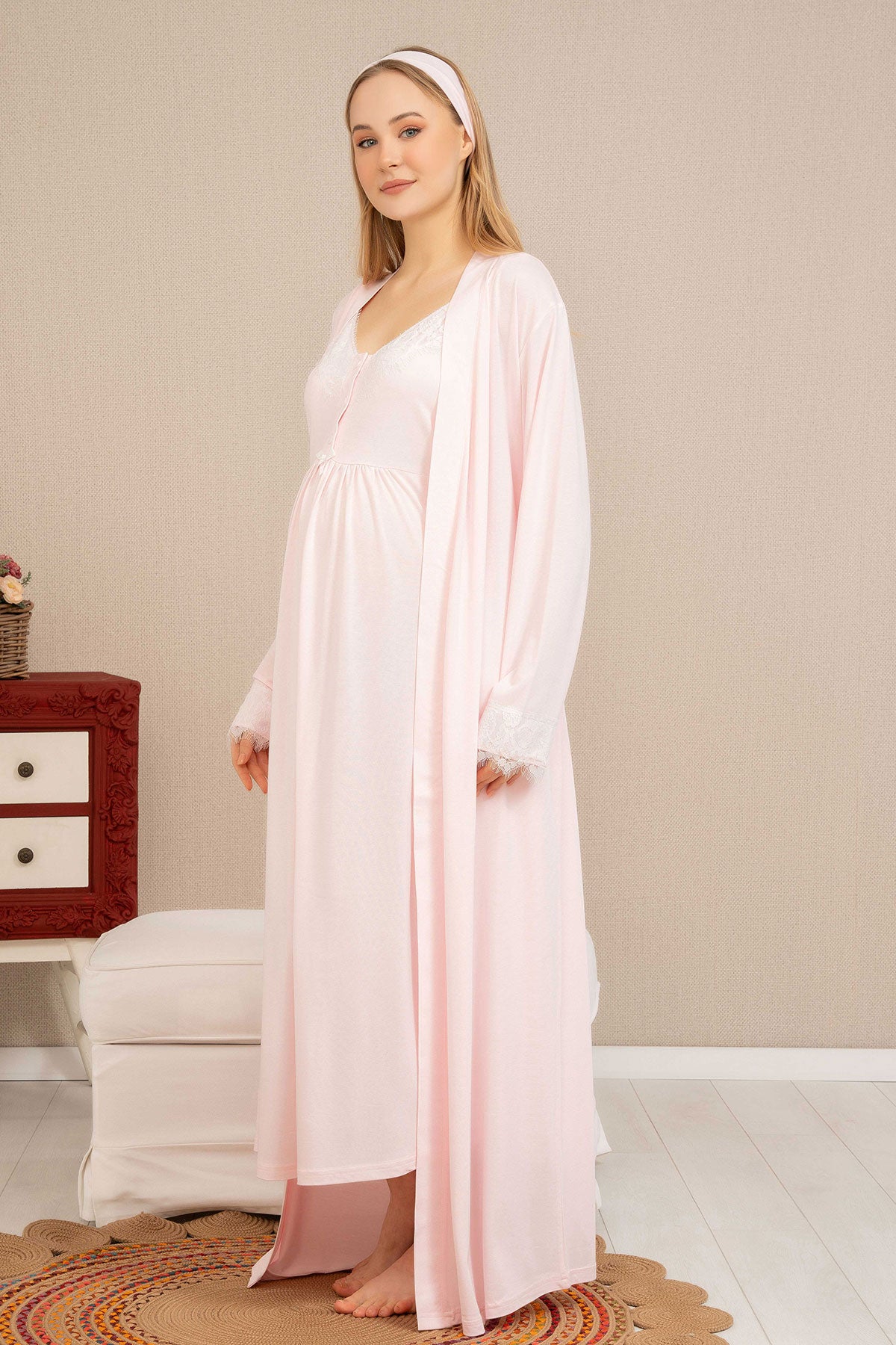 Shopymommy 4514 Double Breast Feeding Maternity & Nursing Nightgown With Lace Sleeve Robe Powder