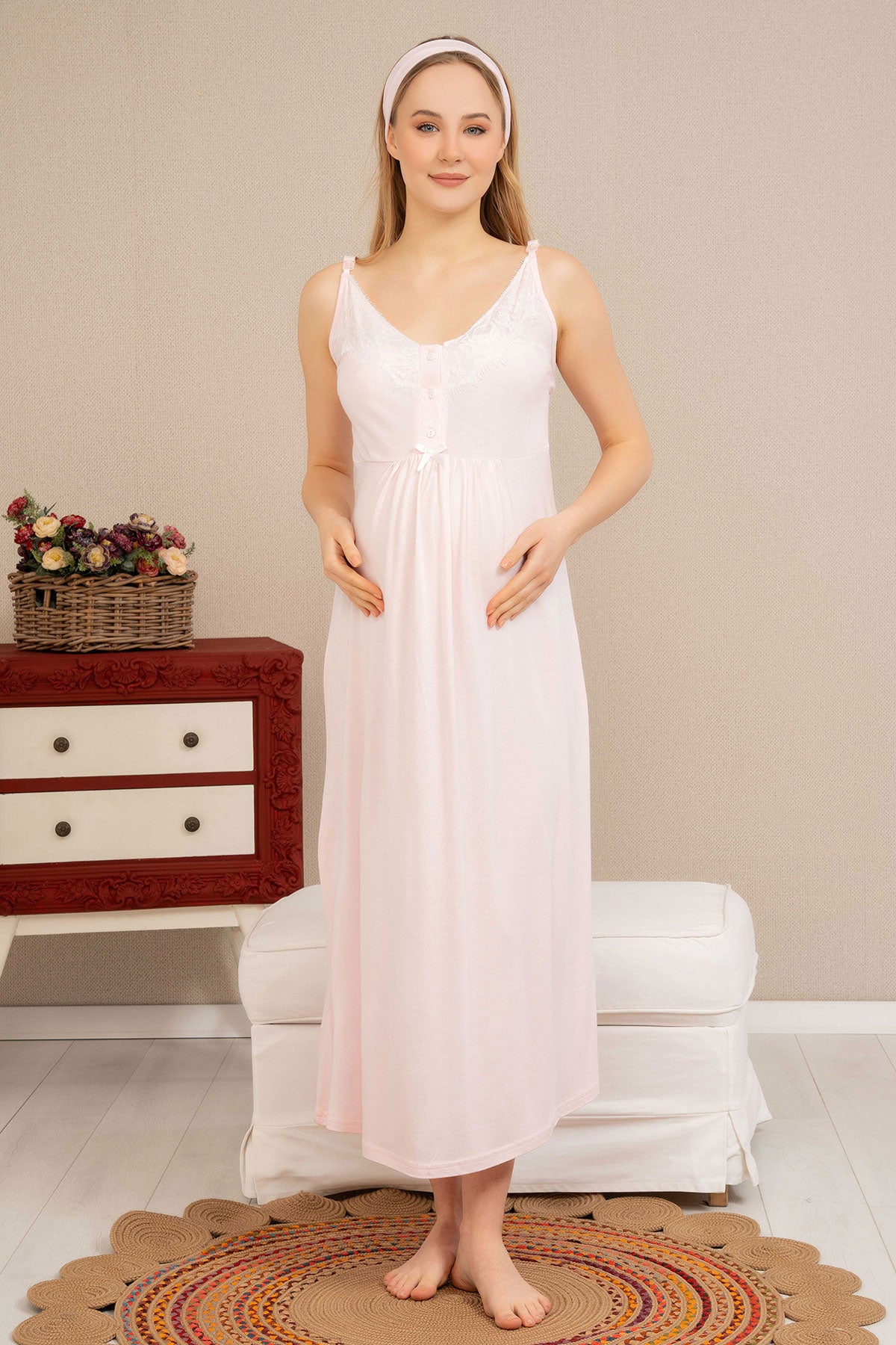 Shopymommy 4514 Double Breast Feeding Maternity & Nursing Nightgown With Lace Sleeve Robe Powder