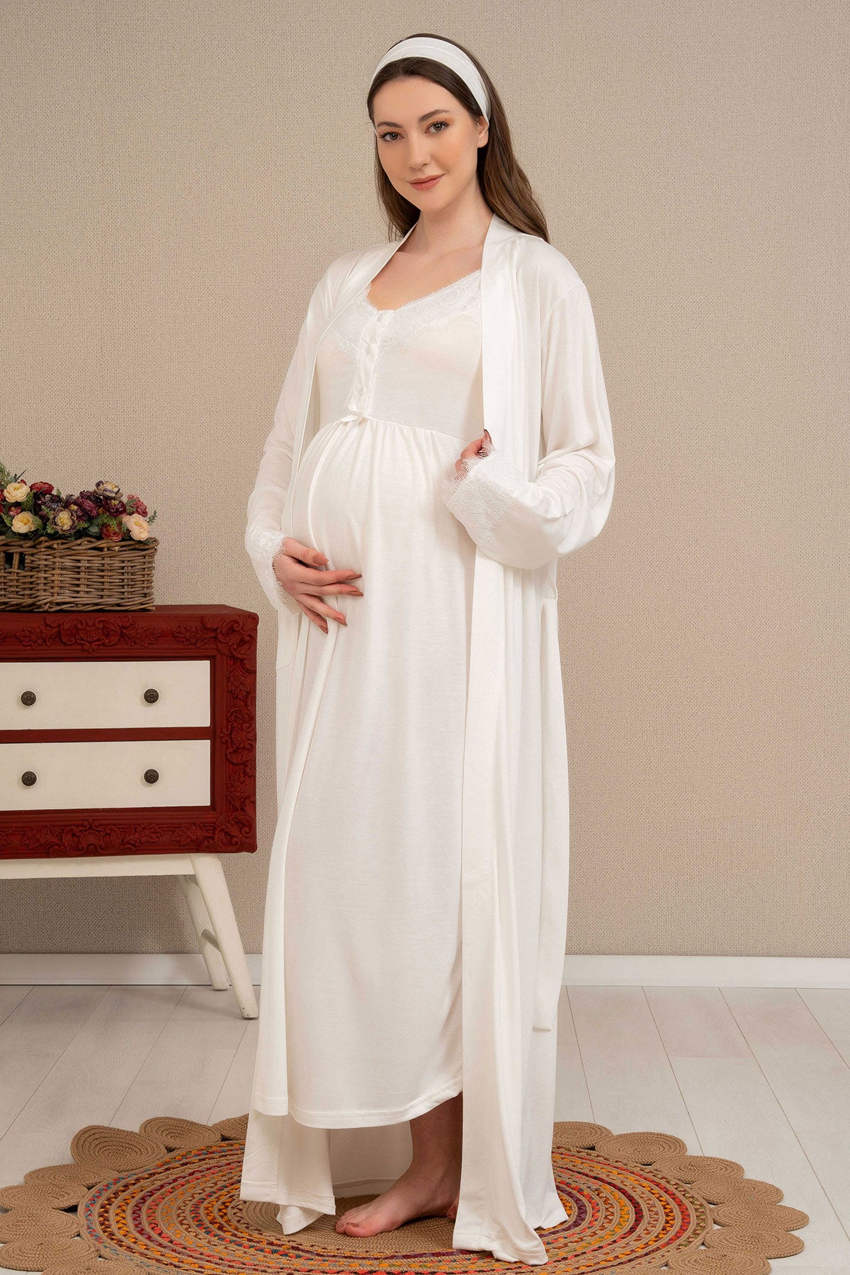 Shopymommy 4514 Double Breast Feeding Maternity & Nursing Nightgown With Lace Sleeve Robe Ecru