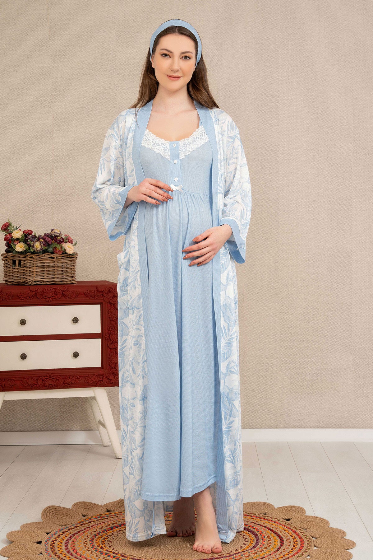 Shopymommy 4518 Lace Collar Maternity & Nursing Nightgown With Patterned Robe Blue