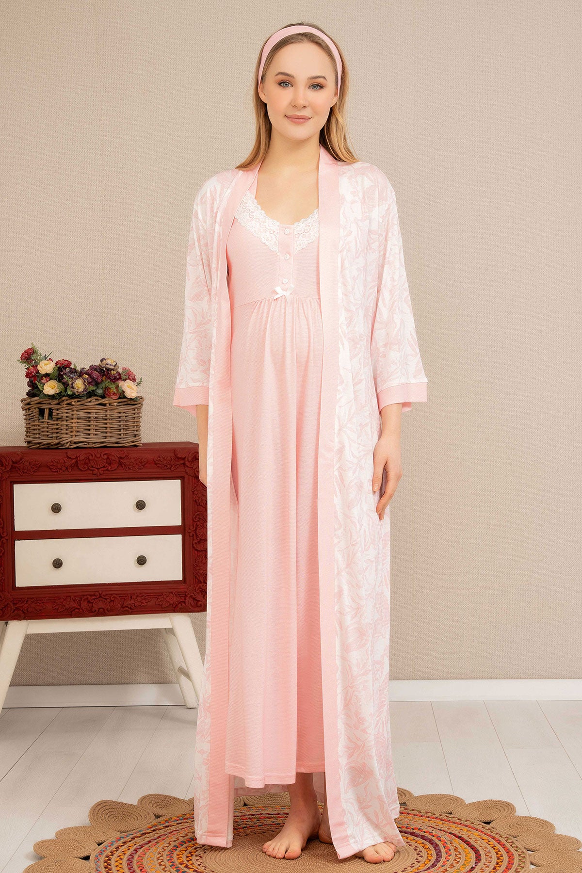 Shopymommy 4518 Lace Collar Maternity & Nursing Nightgown With Patterned Robe Pink