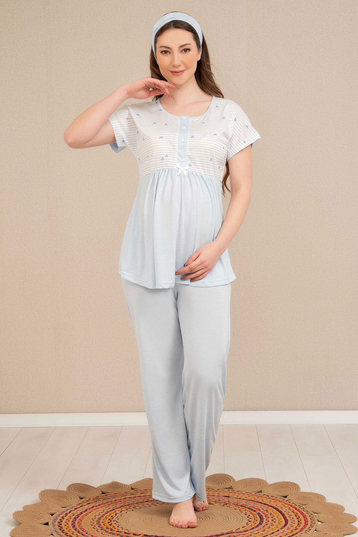 Shopymommy 4519 Heart Maternity & Nursing Pajamas Blue