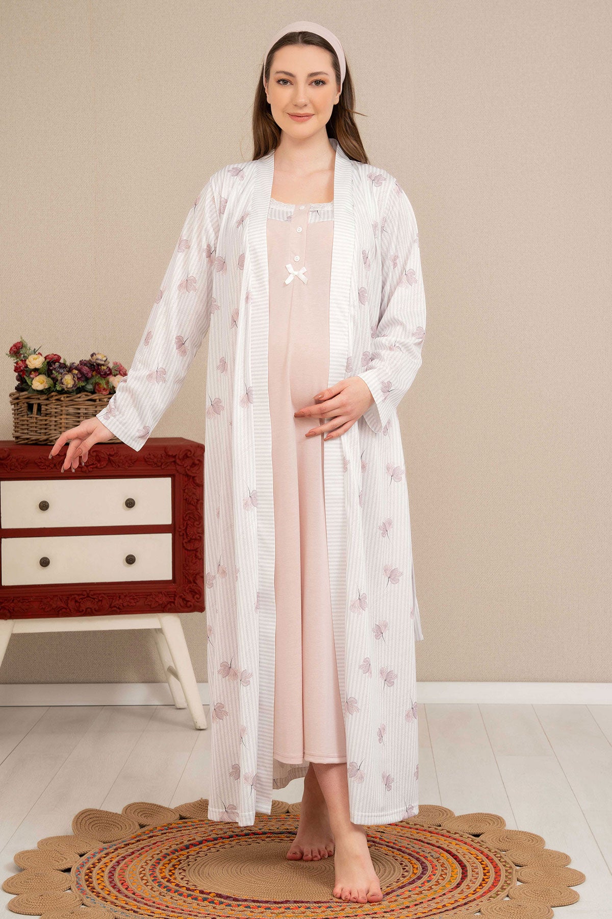 Shopymommy 4522 Strap Maternity & Nursing Nightgown With Flower Pattern Robe Dried Rose