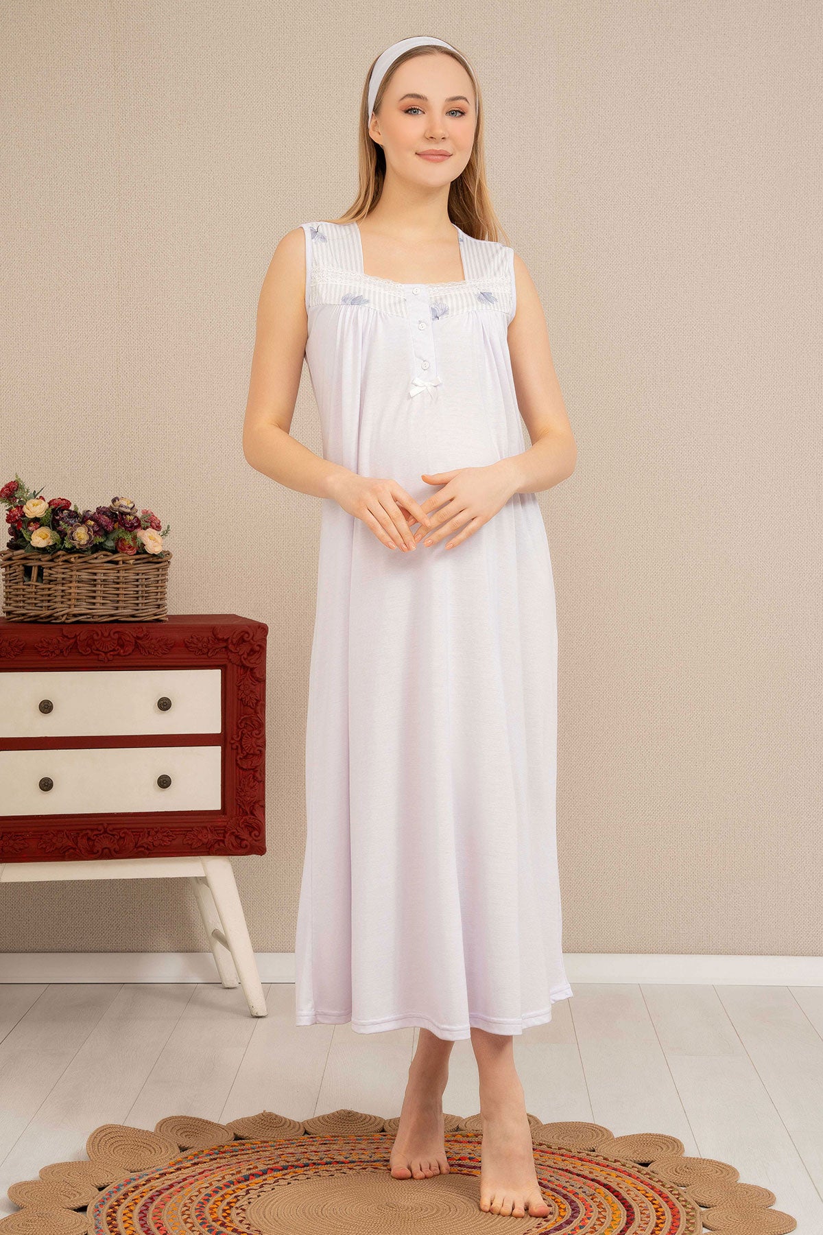 Shopymommy 4522 Strap Maternity & Nursing Nightgown With Flower Pattern Robe Lilac