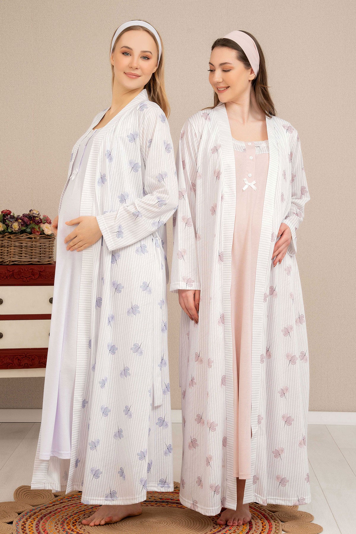 Shopymommy 4522 Strap Maternity & Nursing Nightgown With Flower Pattern Robe Dried Rose