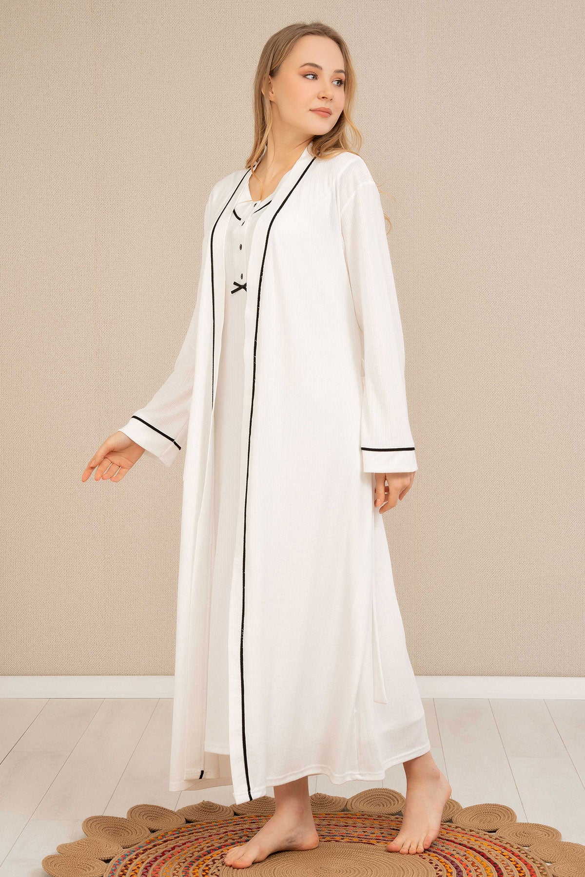 Shopymommy 4525 Strap Maternity & Nursing Nightgown Stripe Robe Ecru