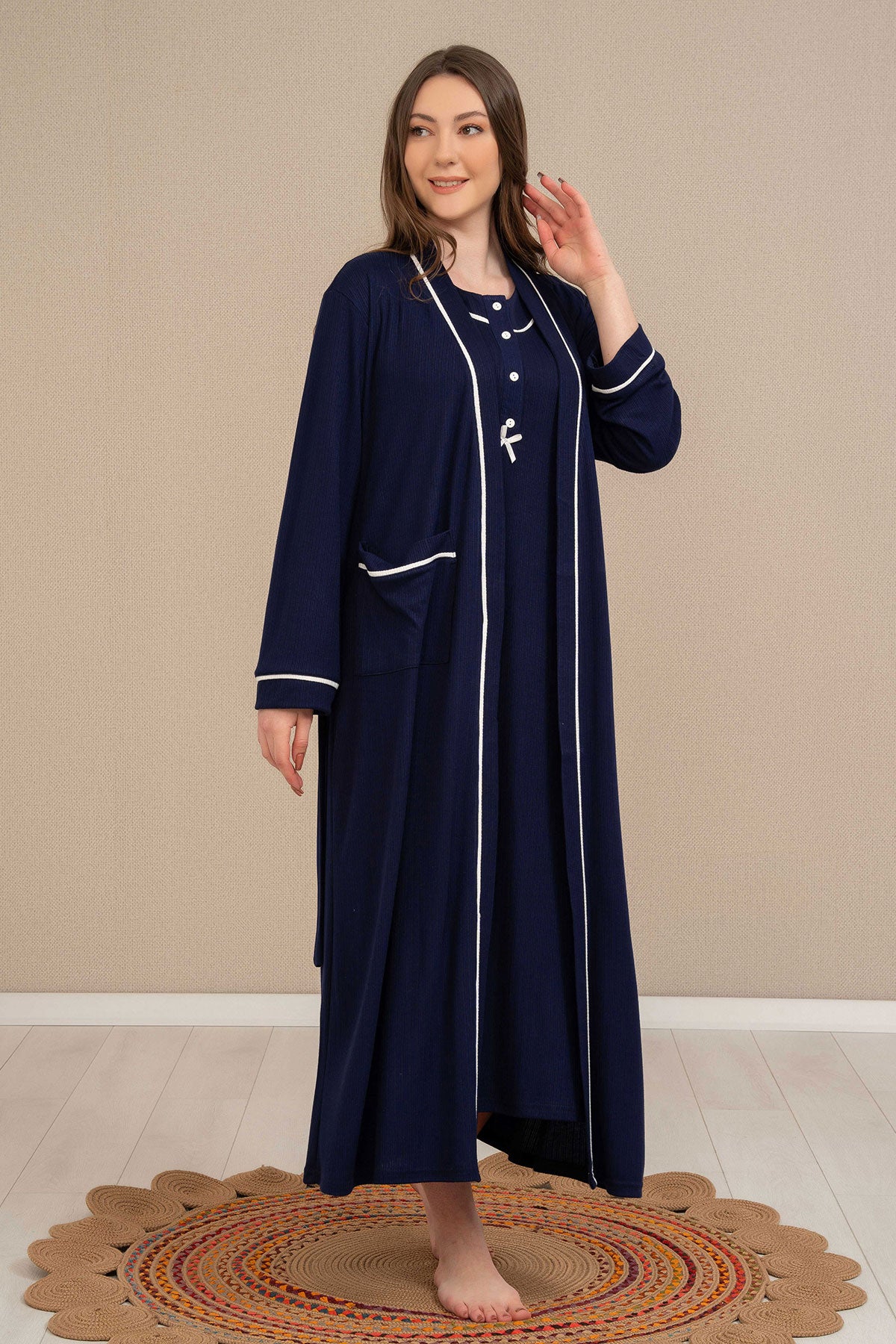 Shopymommy 4525 Strap Maternity & Nursing Nightgown Stripe Robe Navy Blue