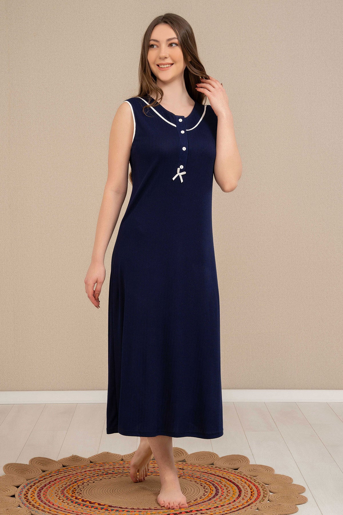 Shopymommy 4525 Strap Maternity & Nursing Nightgown Stripe Robe Navy Blue