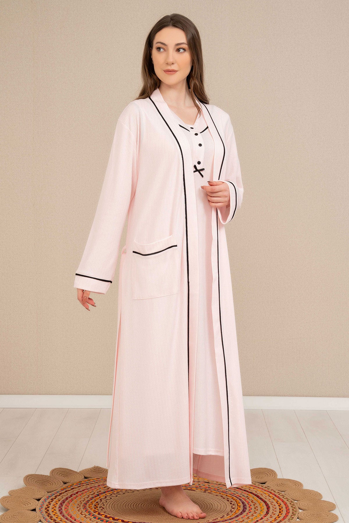 Shopymommy 4525 Strap Maternity & Nursing Nightgown Stripe Robe Powder