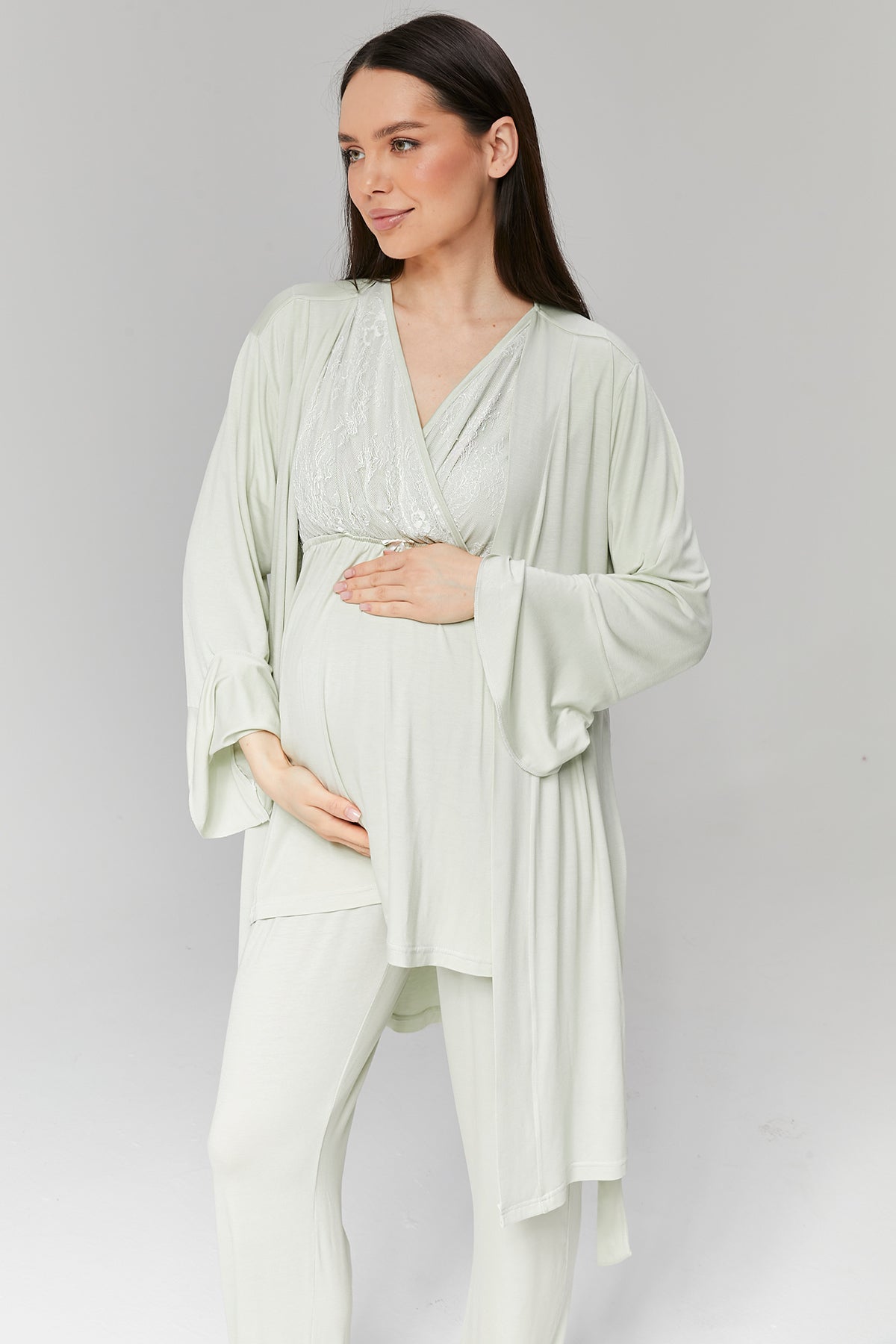 Flounce-Sleeve Robe Set with Lace Crossover Maternity Pajama - 502