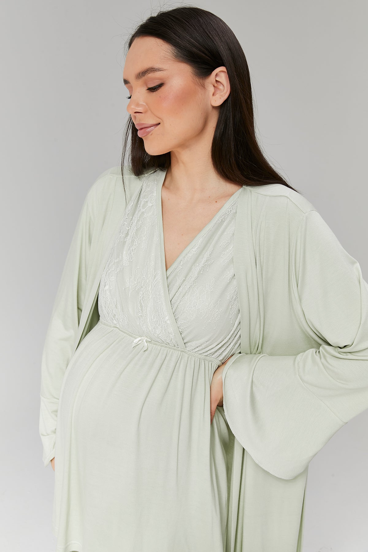 Flounce-Sleeve Robe Set with Lace Crossover Maternity Pajama - 502