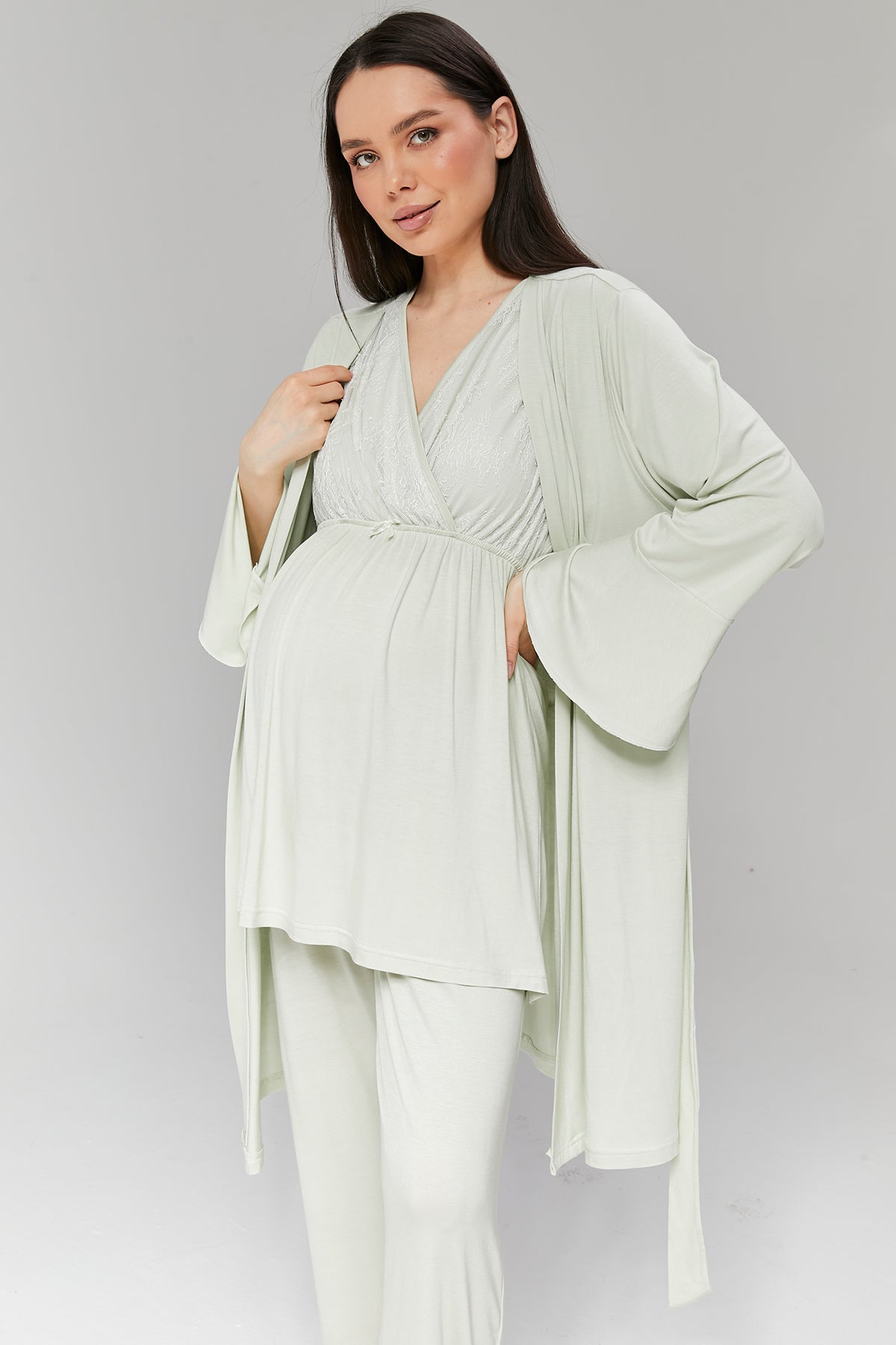 Flounce-Sleeve Robe Set with Lace Crossover Maternity Pajama - 502