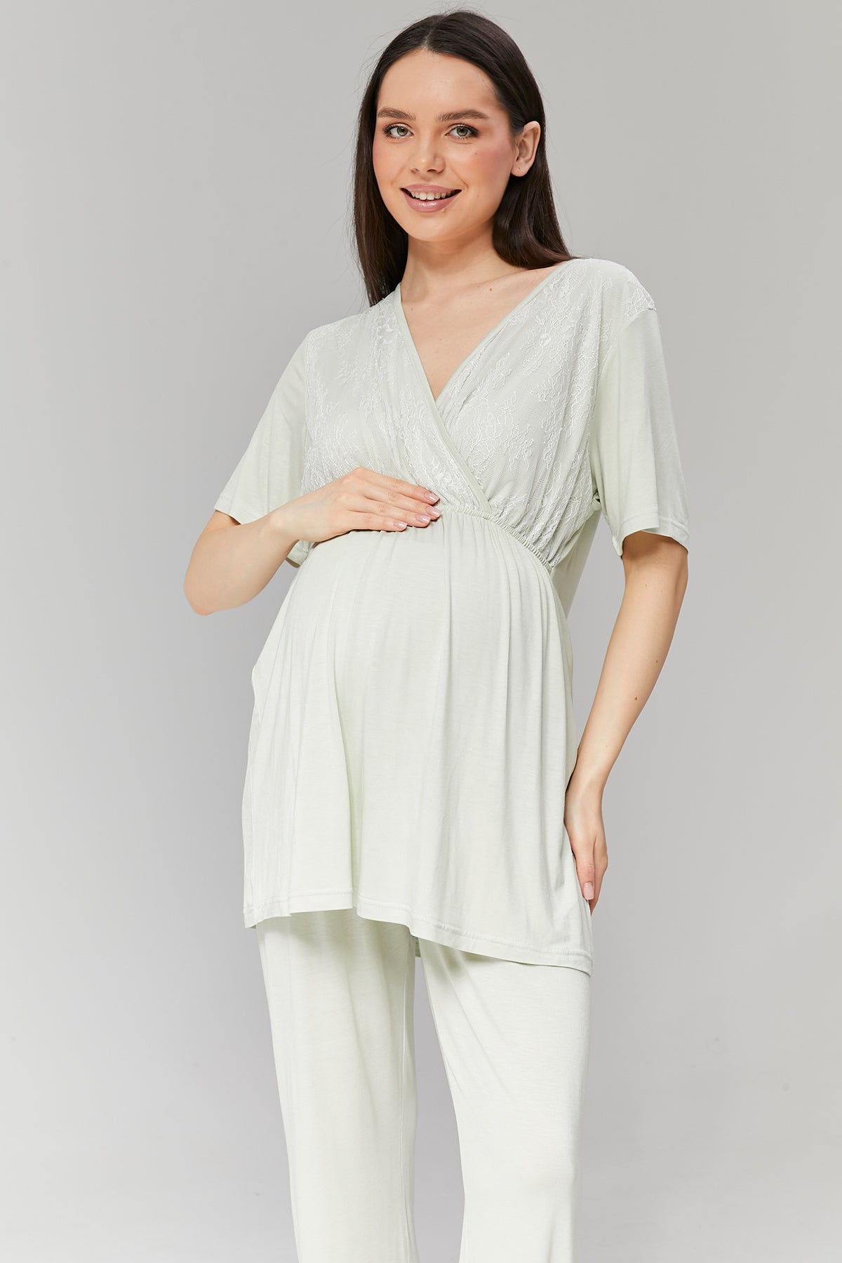 Flounce-Sleeve Robe Set with Lace Crossover Maternity Pajama - 502