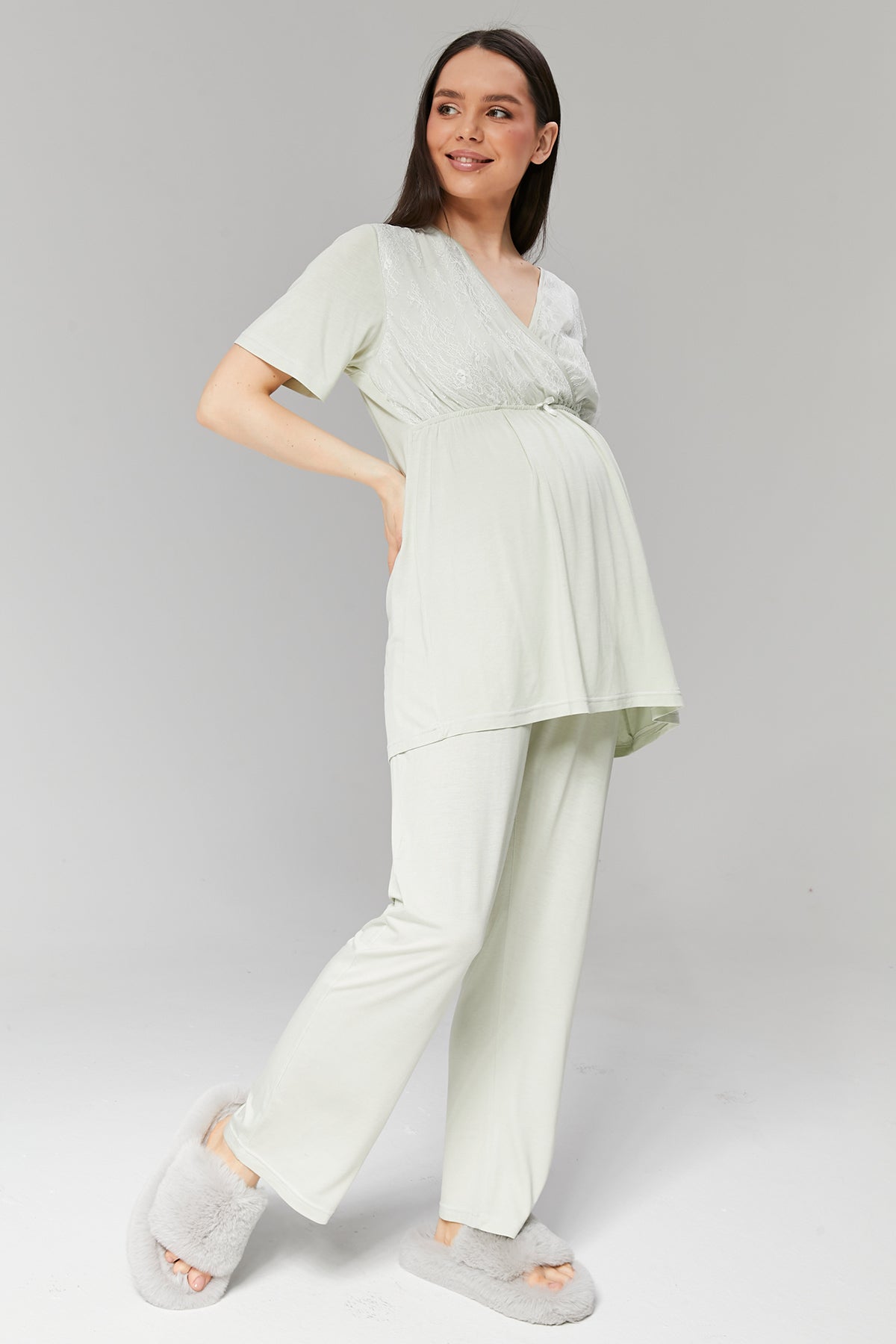 Flounce-Sleeve Robe Set with Lace Crossover Maternity Pajama - 502