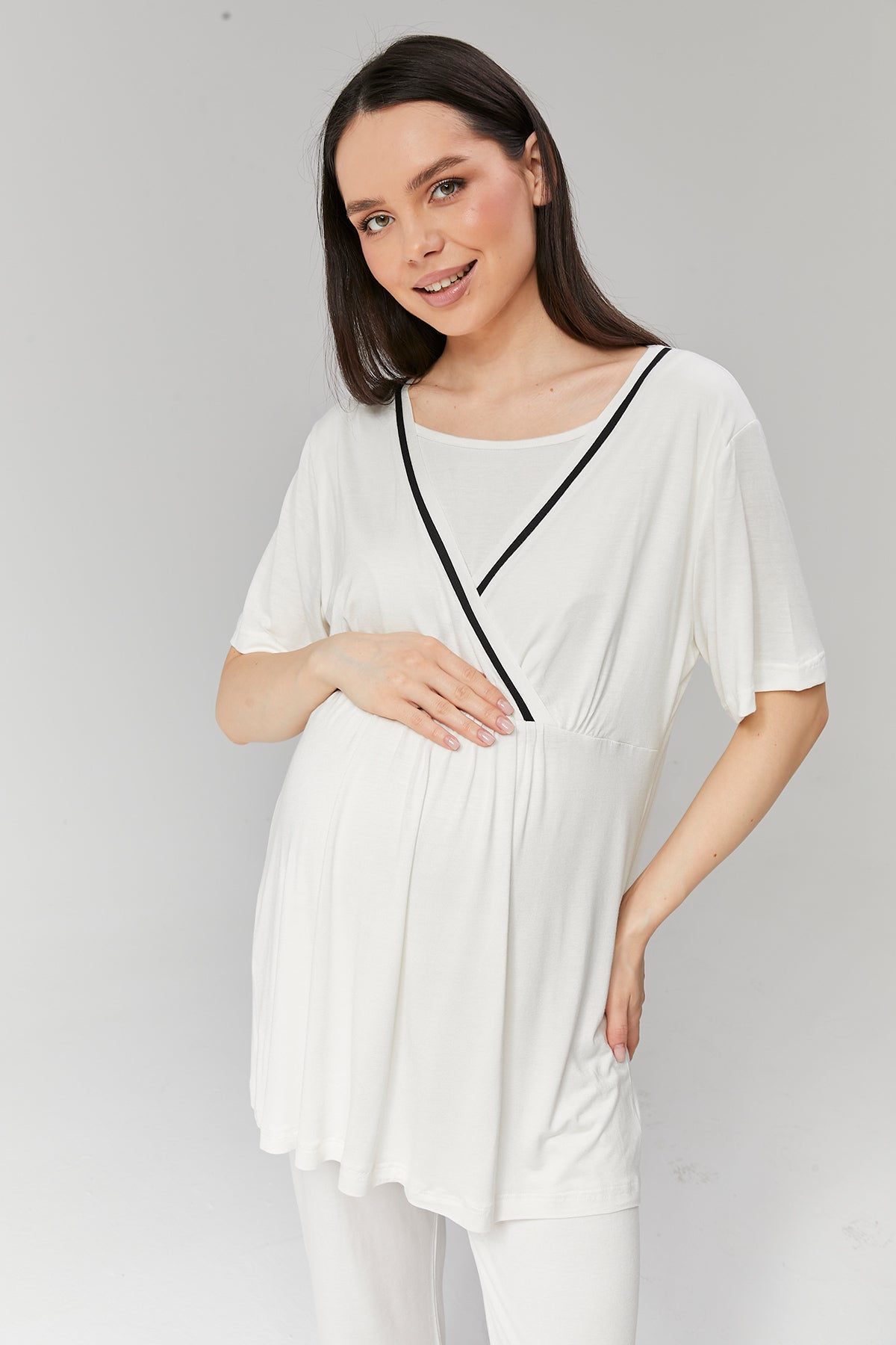 Shopymommy 516 Piped Robe Wrap Maternity Pajama Set