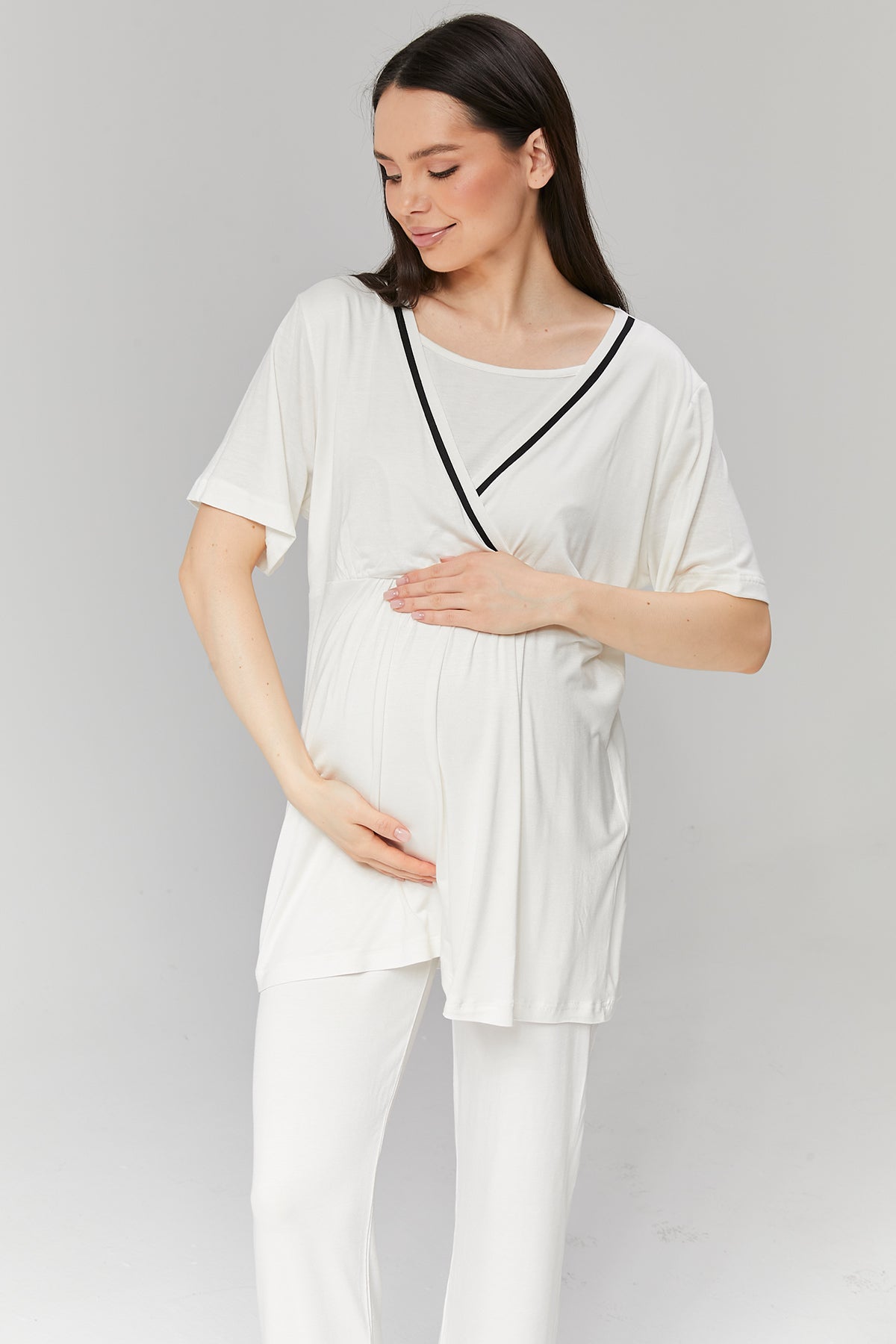 Shopymommy 516 Piped Robe Wrap Maternity Pajama Set