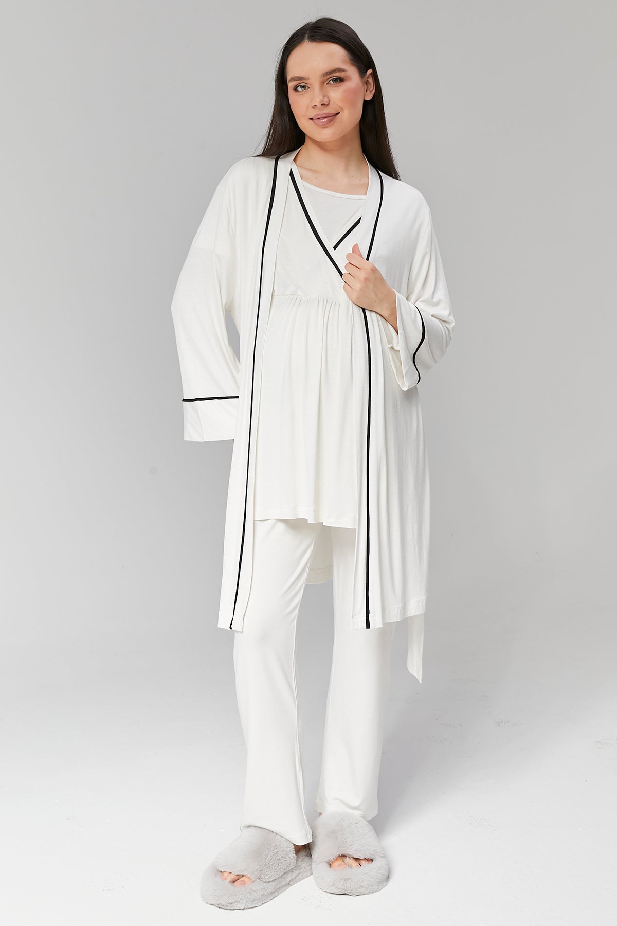 Shopymommy 516 Piped Robe Wrap Maternity Pajama Set