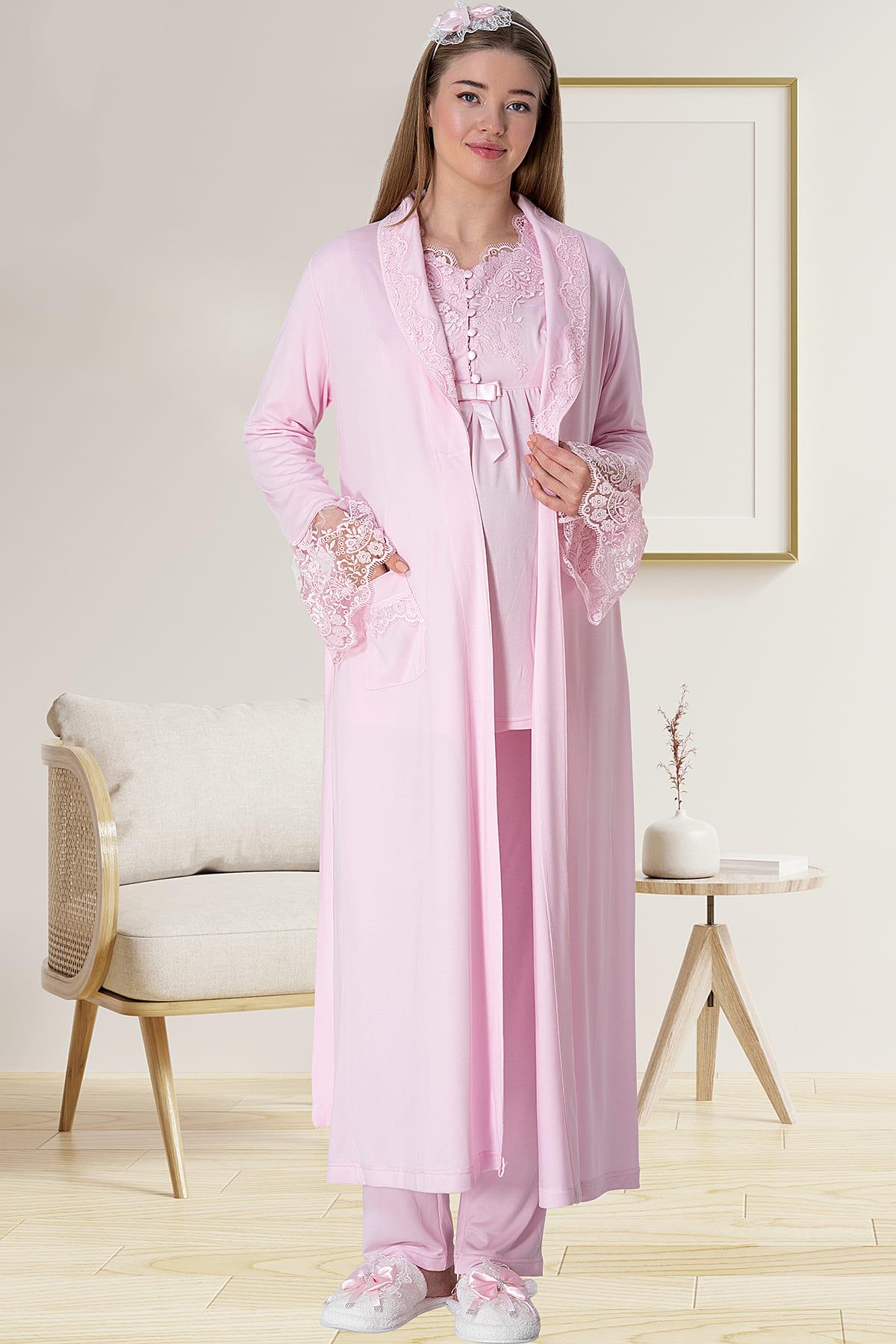 Shopymommy 5416 Elegant Lace 3-Pieces Maternity & Nursing Pajamas With Robe Pink