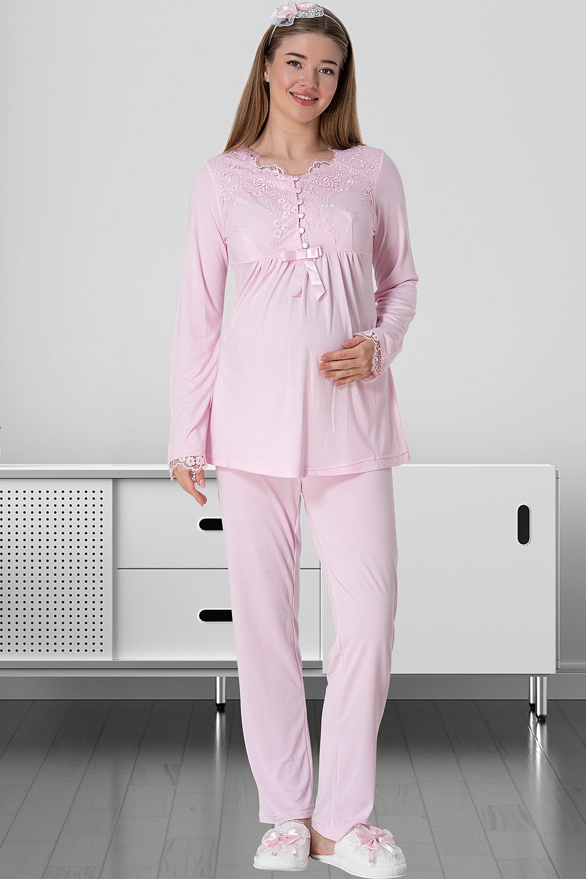 Shopymommy 5416 Elegant Lace 3-Pieces Maternity & Nursing Pajamas With Robe Pink