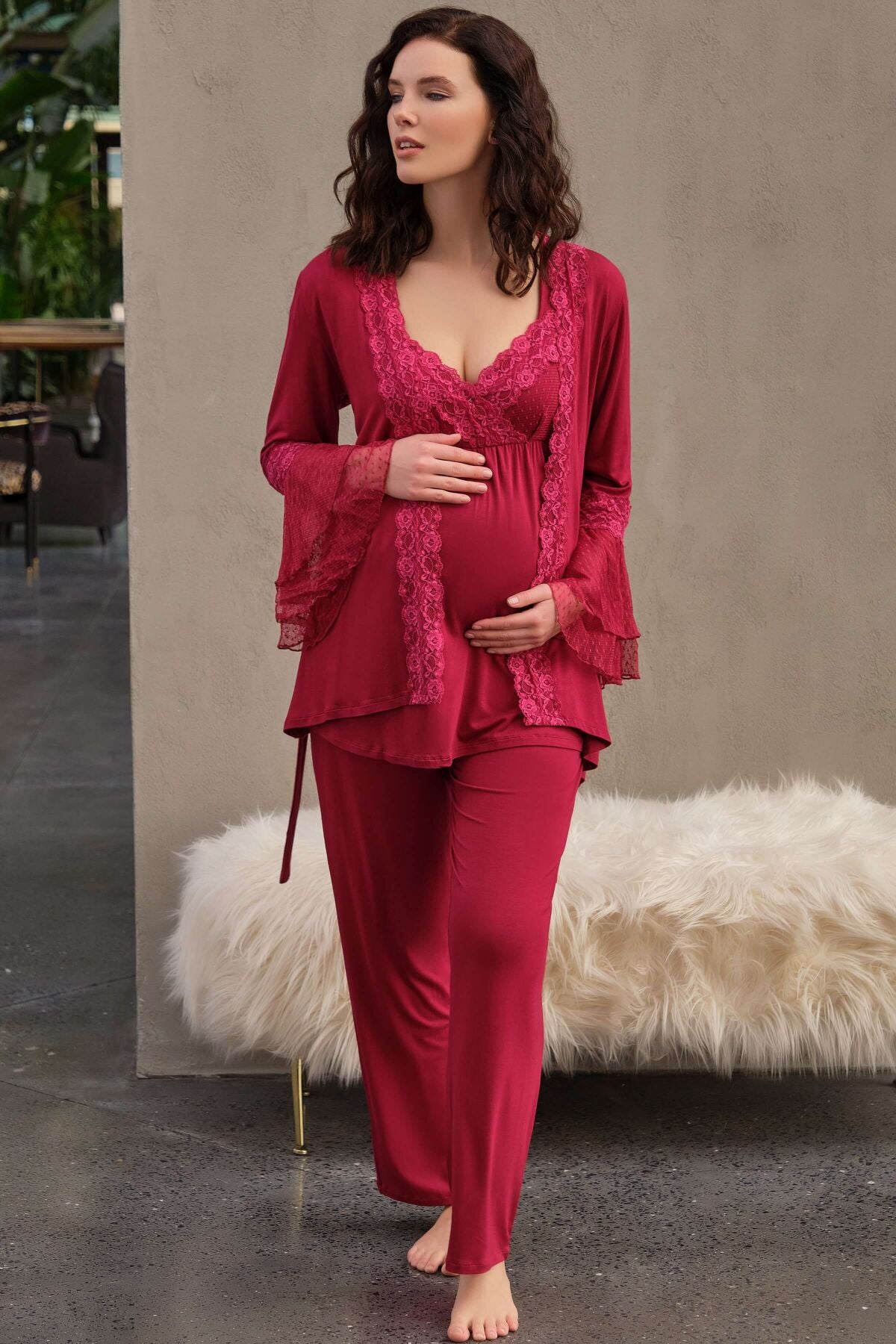 Shopymommy 5648 Lace Double Breasted 3-Pieces Maternity & Nursing Pajamas With Flywheel Arm Robe Cherry