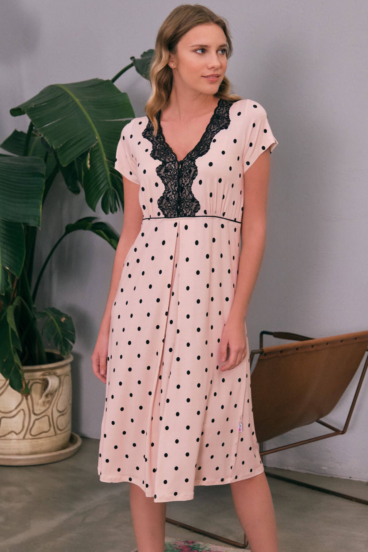 Shopymommy 5654 Polka Dot Lace Maternity & Nursing Nightgown Pink