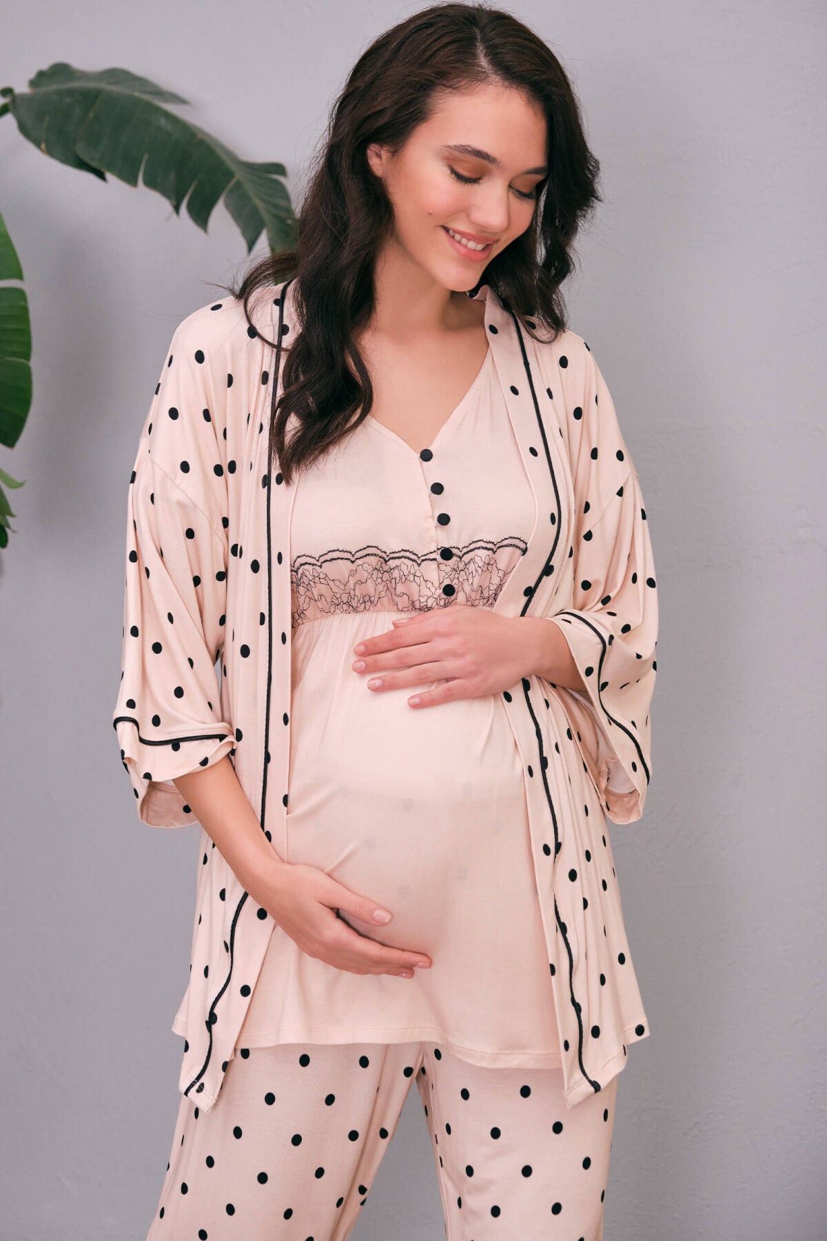 Shopymommy 5655 Lace 3-Pieces Maternity & Nursing Pajamas With Polka Dot Robe Pink