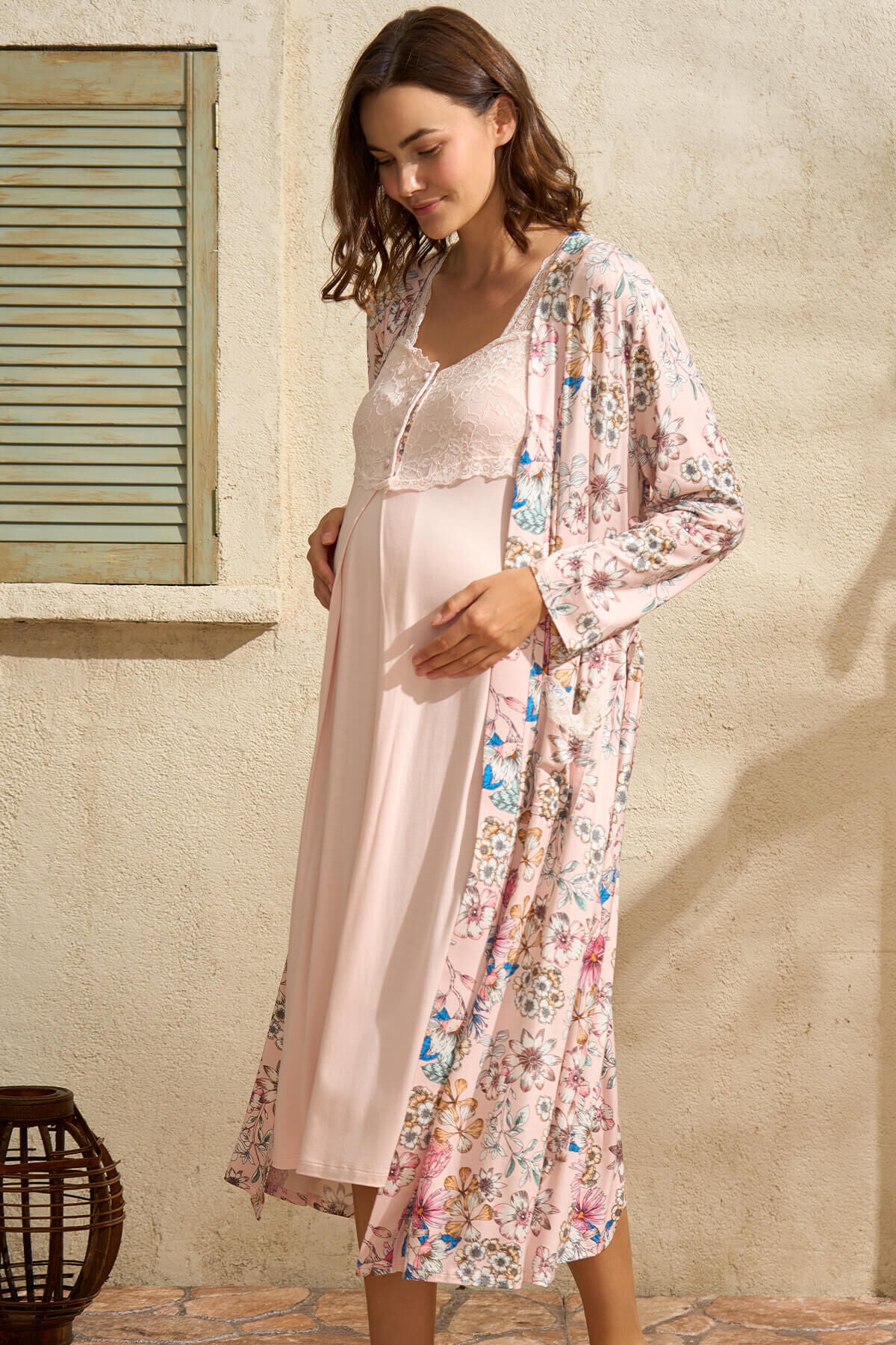 Shopymommy 5772 Lace Shoulder Maternity & Nursing Nightgown With Patterned Robe Pink