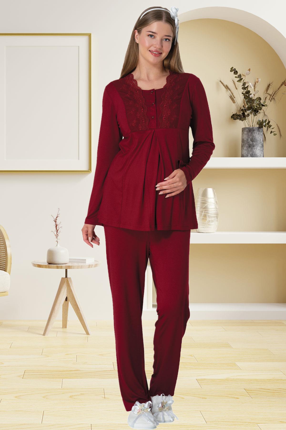 Shopymommy 5910 Lace 3-Pieces Maternity & Nursing Pajamas With Velvet Flywheel Arm Robe Claret Red