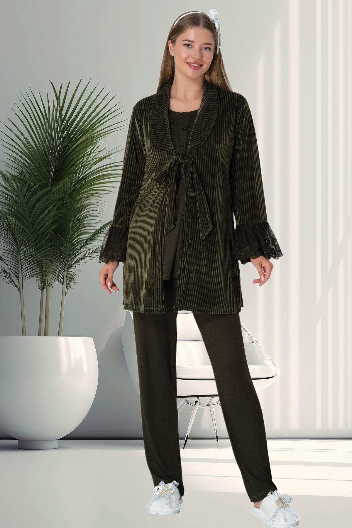 Shopymommy 5910 Lace 3-Pieces Maternity & Nursing Pajamas With Velvet Flywheel Arm Robe Green