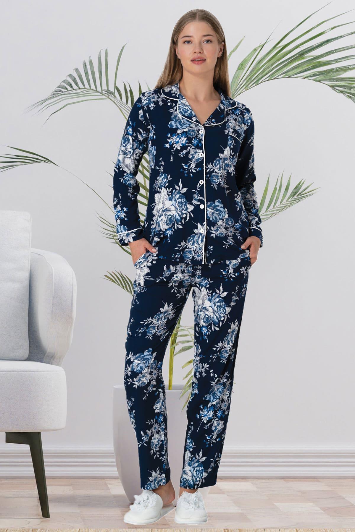 Shopymommy 5924 Flowery Maternity & Nursing Pajamas Navy Blue