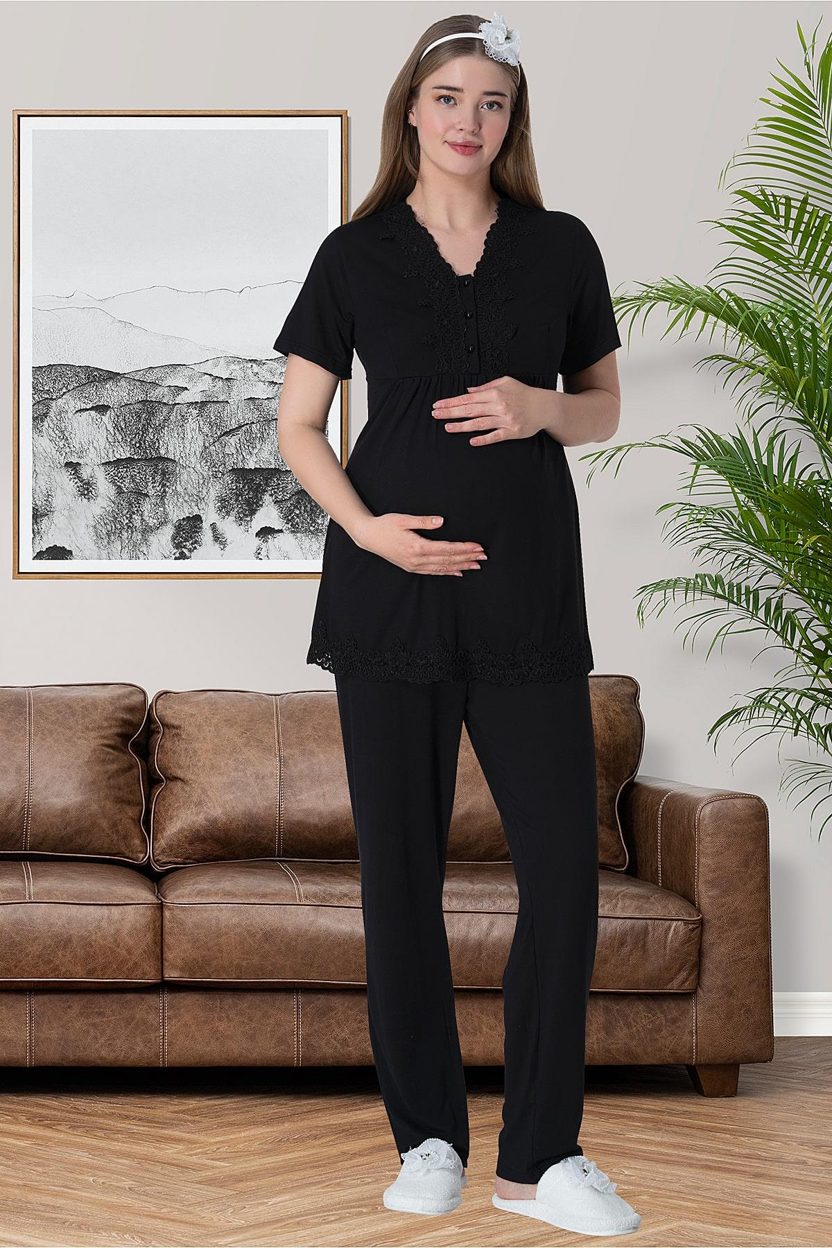 Shopymommy 6008 Lace Maternity & Nursing Pajamas Black