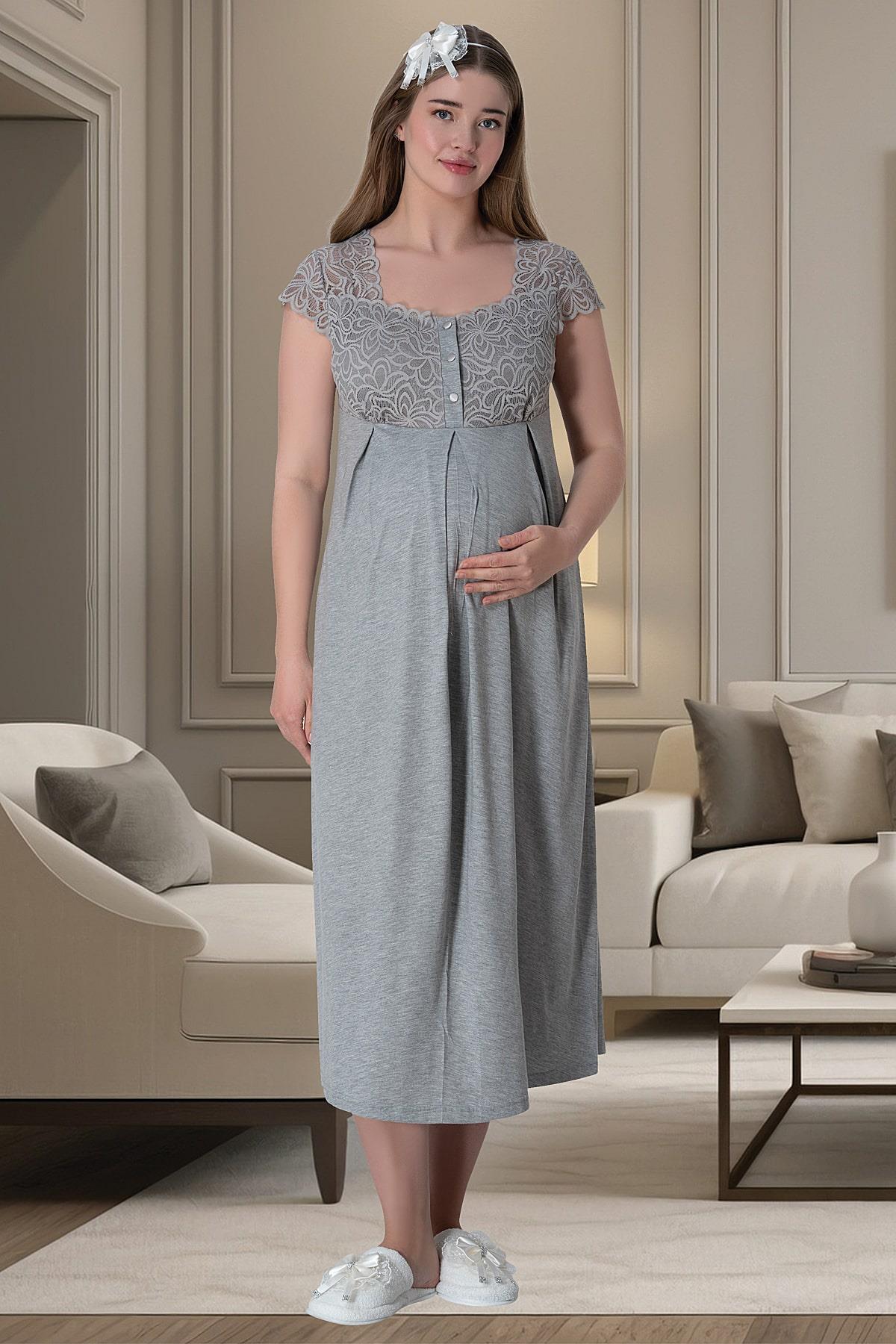 Shopymommy 5807 Lace Collar Maternity & Nursing Nightgown With Patterned  Robe Powder