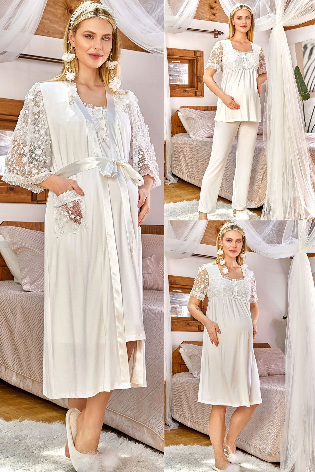 Shopymommy 5354 Lace Collar Maternity & Nursing Nightgown With Robe Ecru