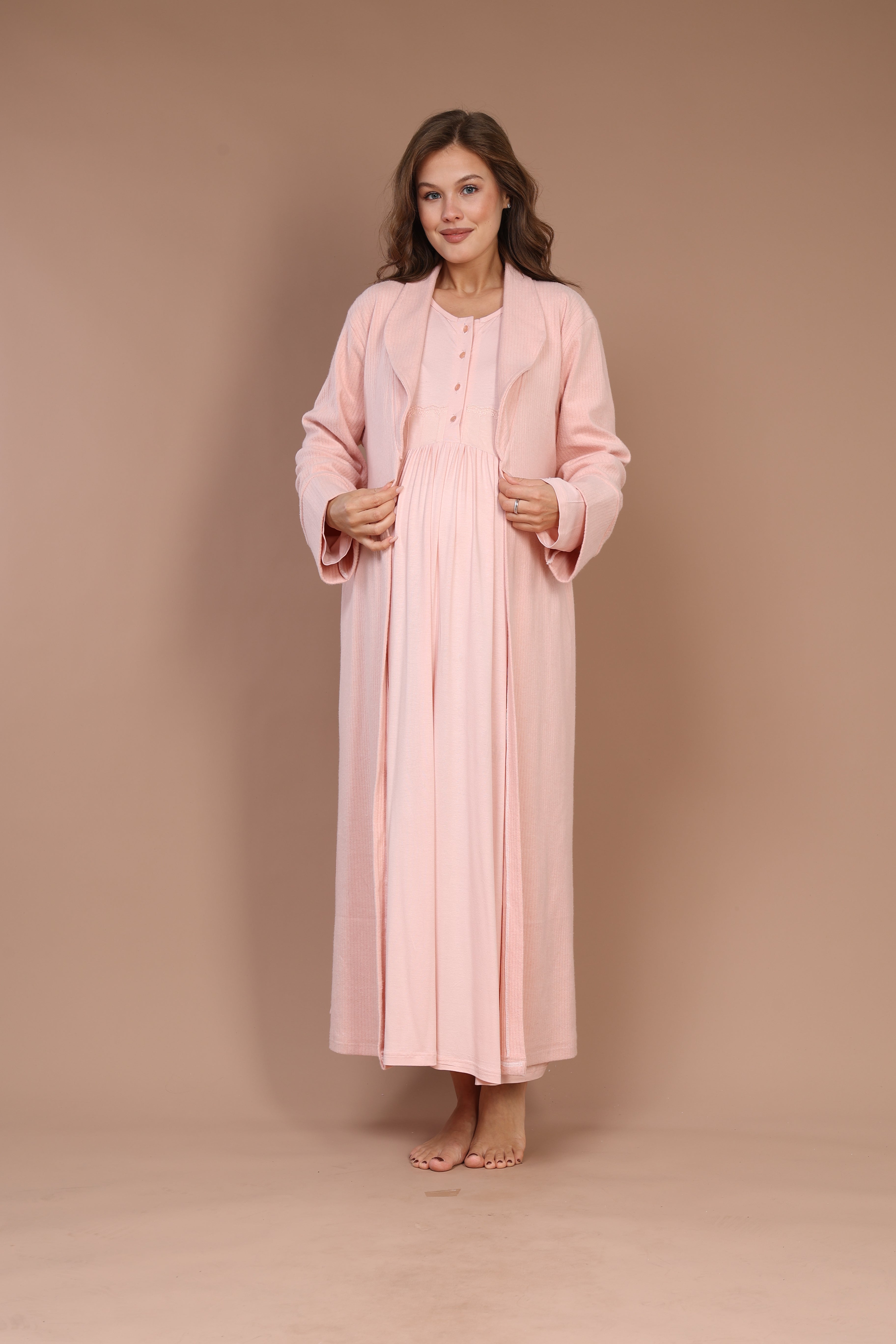 Front-Button Powder-Pink Robe Set with Maternity Nightgown 608