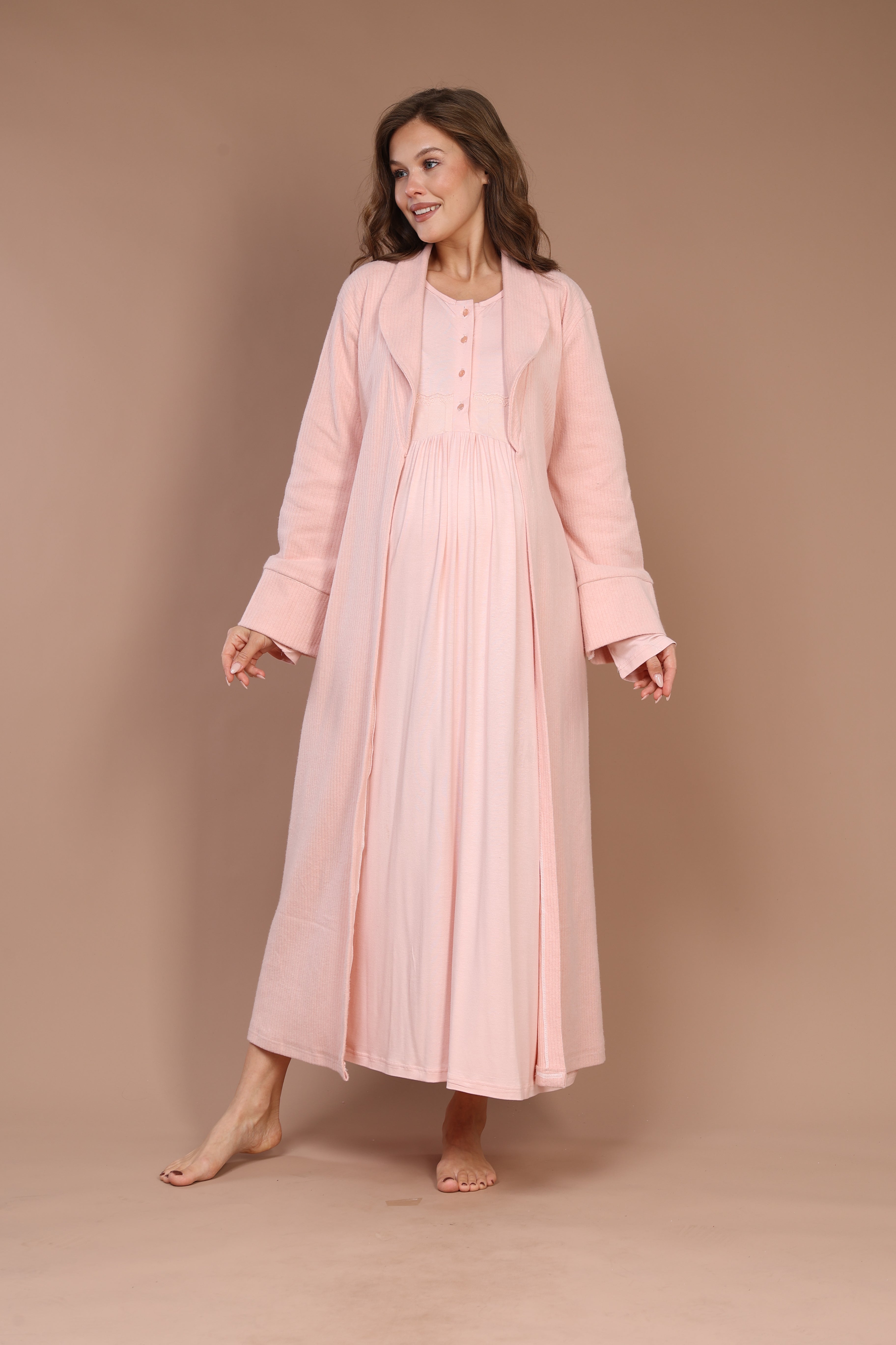 Front-Button Powder-Pink Robe Set with Maternity Nightgown 608