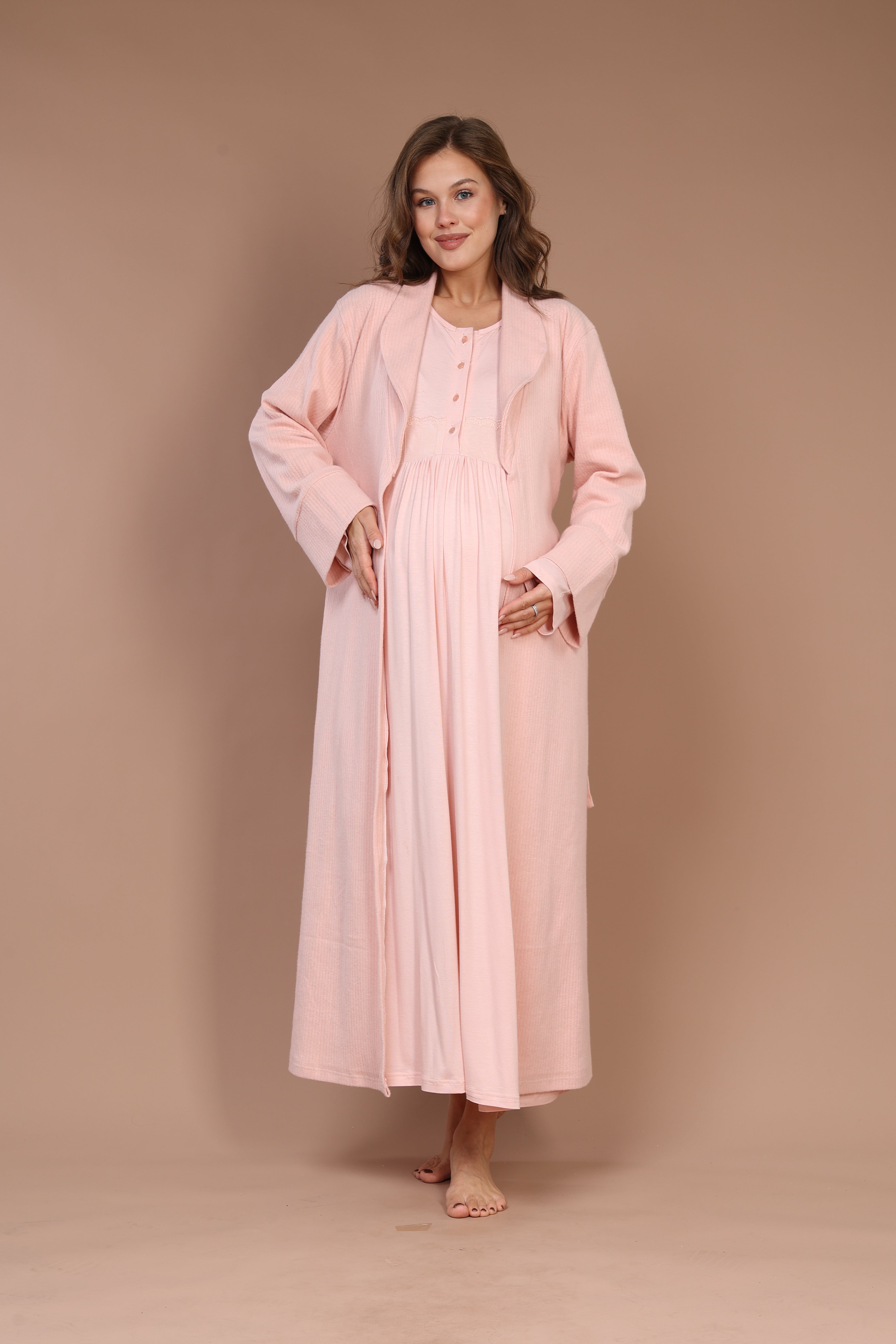 Front-Button Powder-Pink Robe Set with Maternity Nightgown 608